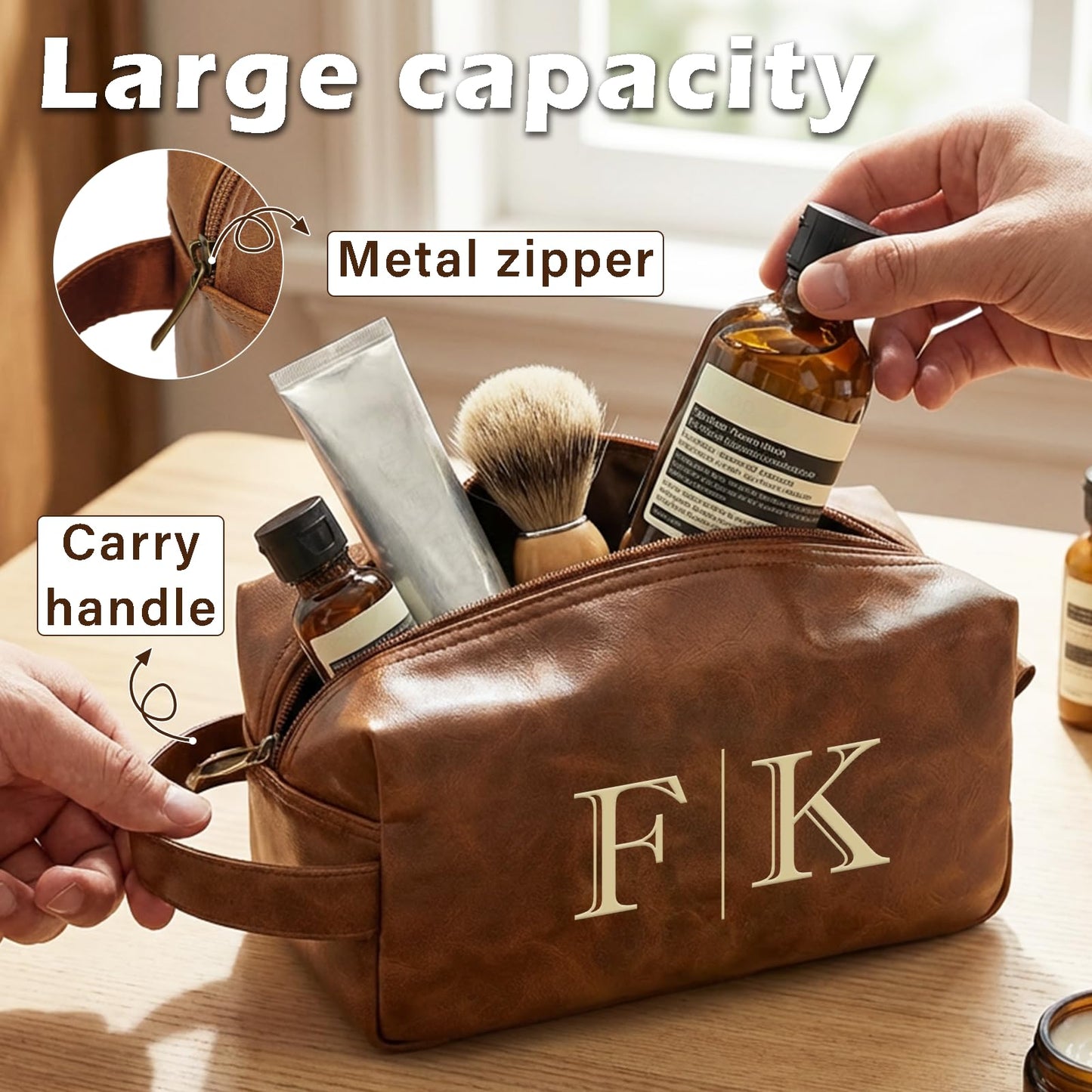 Motifool Personalized Toiletry Bag for Men, Father Day Gifts, Leather Custom Travel Shaving Bag with Name Initial, Travel Toiletry Kit, Grandpa, Dad, Husband, Father, Him, Boyfriend (Tea Brown)