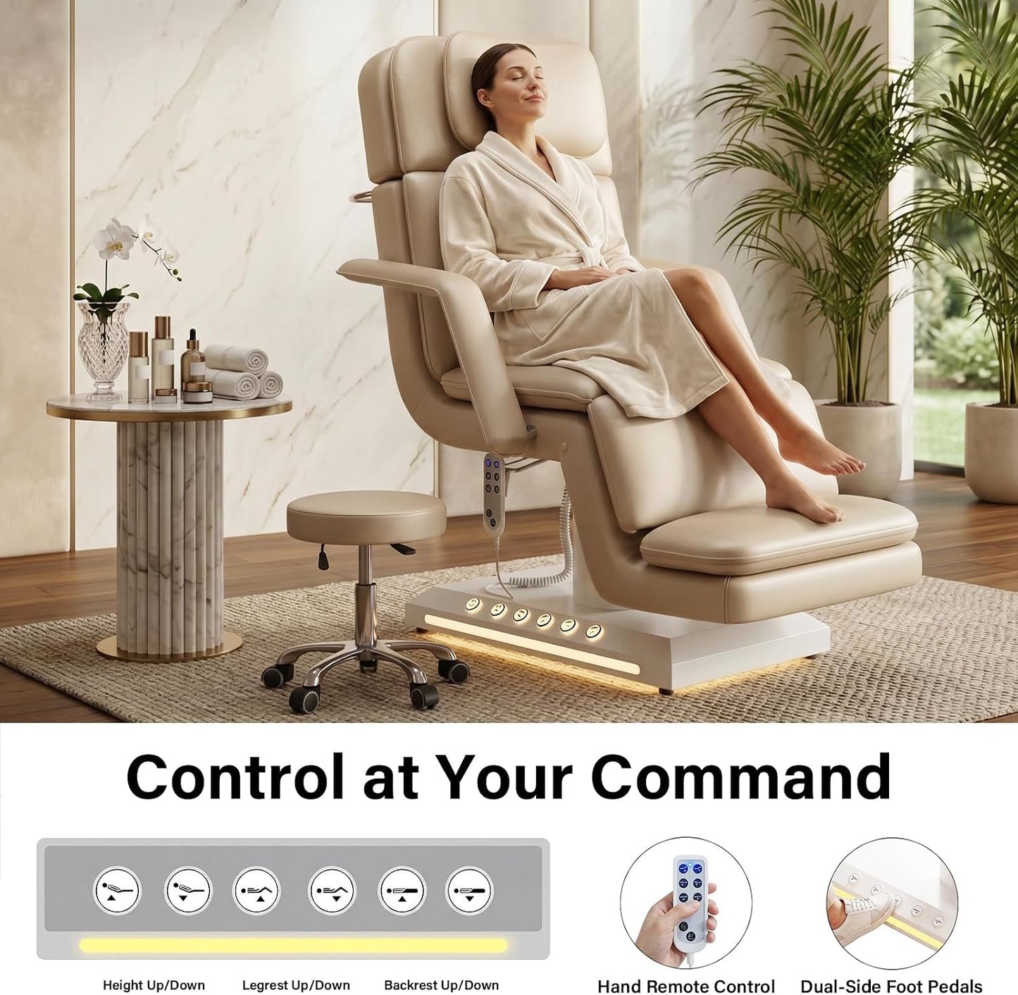 Electric Massage Table - 3 Motor Professional Spa Bed with Remote Control | Height Adjustable Facial Table (Champagne)