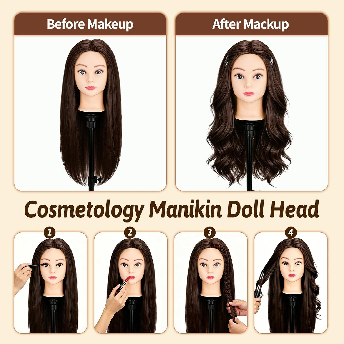 Mannequin Head - 90% Human Hair Styling Doll for Cosmetology | 24" Dark Brown Hairdressing Training Head with Clamp