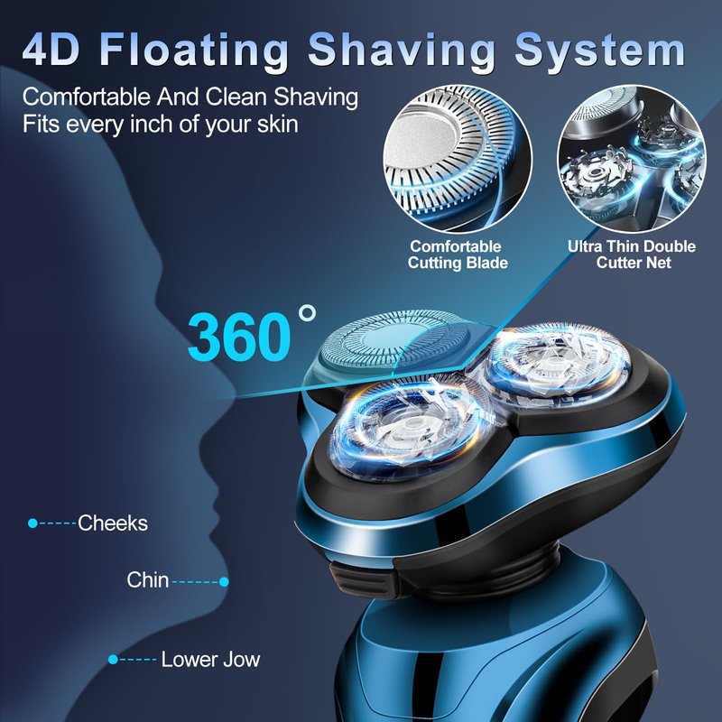 Electric Razor for Men, Cordless Rotary Electric Shaver, Rechargeable Wet & Dry Waterproof Floating Head Shaver, 4D Dual-Ring Face Shaving Grooming Tool, Travel Shaving Kit, Ideal Gift for Men