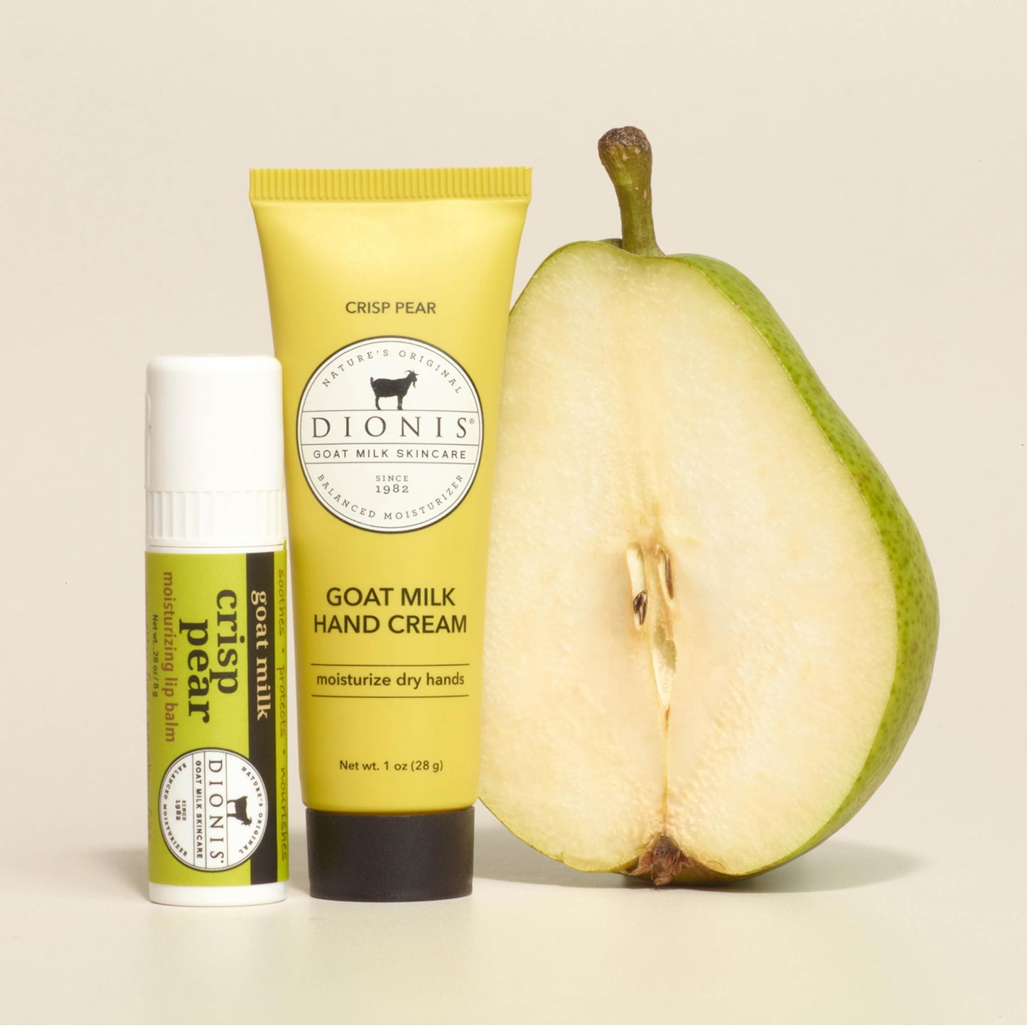 Dionis Goat Milk Hand Cream and Lip Balm Set for Dry Skin & Chapped Lips - Crisp Pear (Pack of 2)