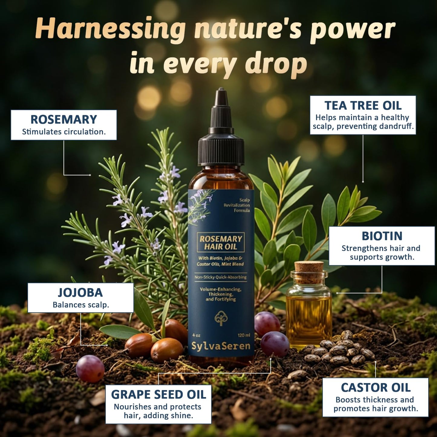 Rosemary Oil for Hair Growth, Thickening and Strengthening with Biotin, Jojoba and Other Effective Oils. Suitable for All Hair Types 120 ml