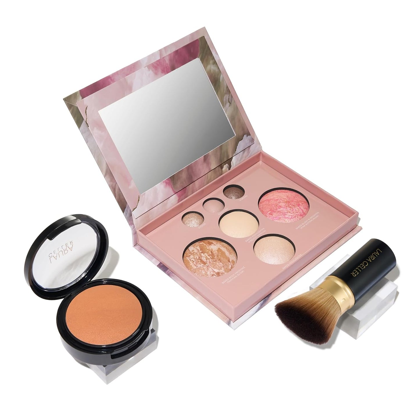 Laura Geller Baked Starter Kit - Full Coverage Double Take Powder Foundation & Face Palette | Retractable Kabuki Brush (01 Porcelain)