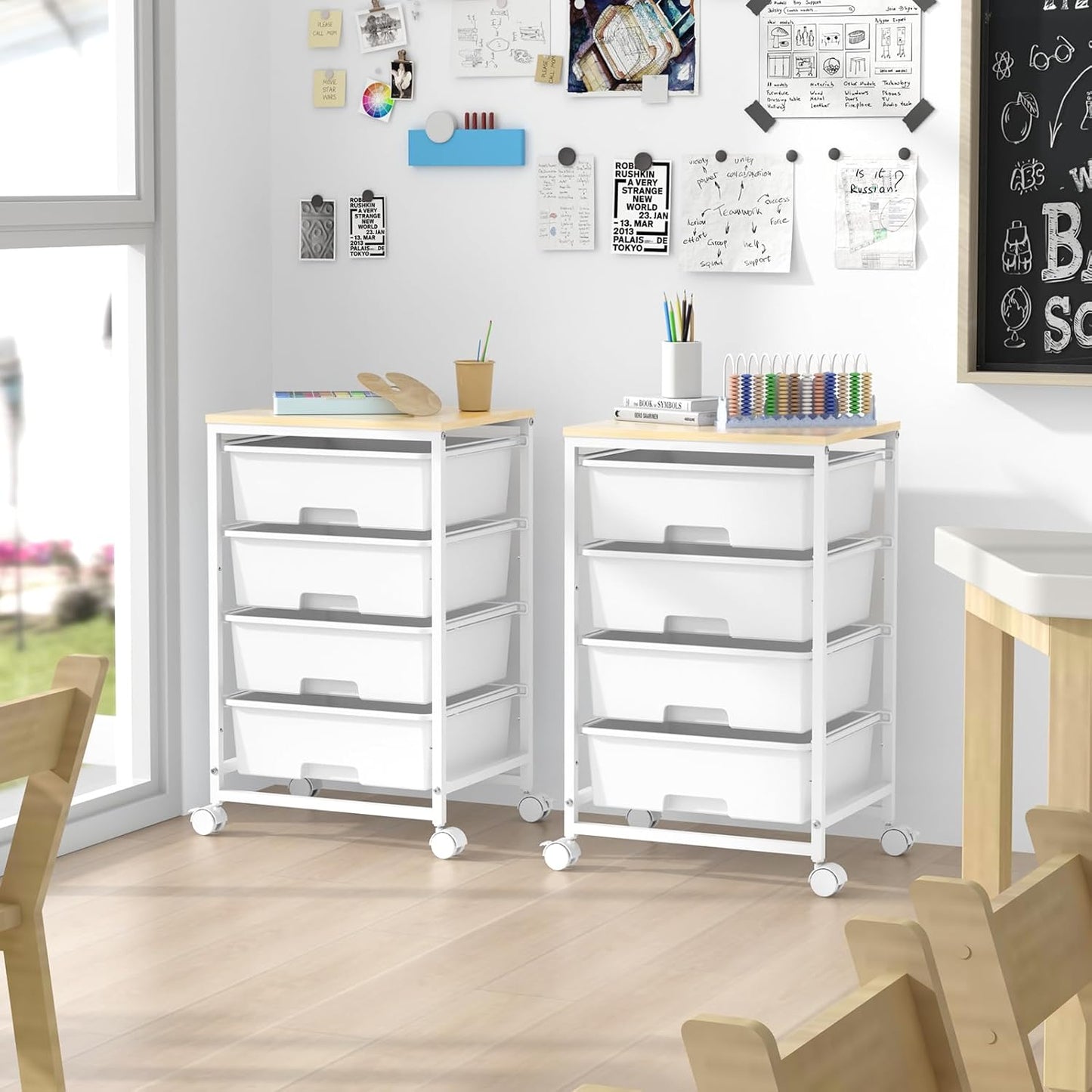 Utility Cart - 4-Tier Rolling Storage Organizer with 4 Drawers & Lockable Wheels | Bright White for Home & Office