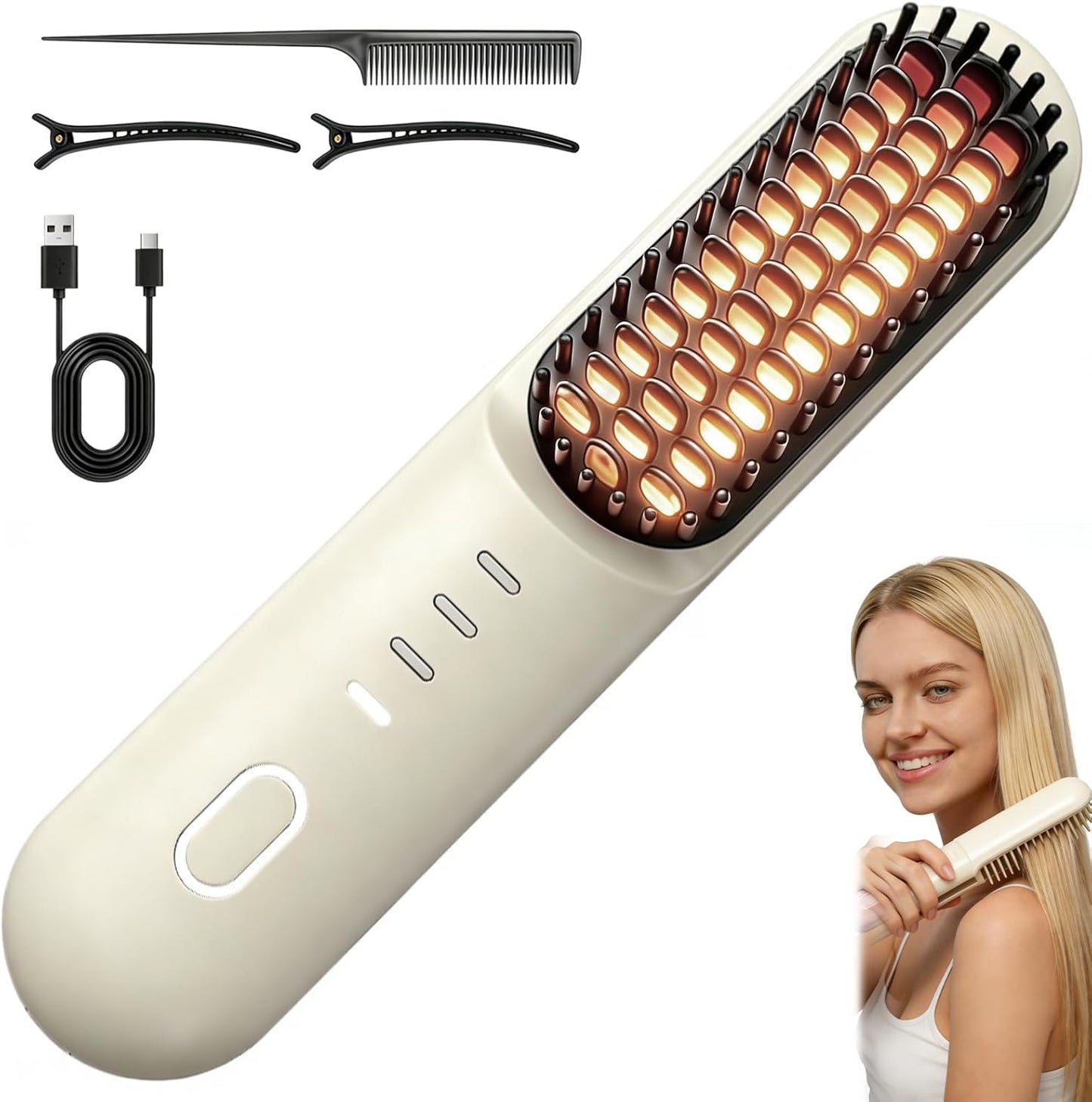 Go Brush Pro Cordless Hair Straightening Brush - 2026 Upgrade, 4 Temp Settings, Fast Heat | Frizz-Free Styling (Beige)