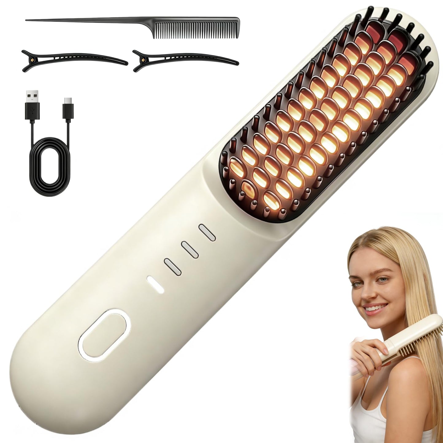 Go Brush Pro for Short Hair - 2026 Upgraded Cordless Hair Straightening Brush, 4 Temperature Settings, Fast Heat, MCH Ceramic Care, 4000mAh Rechargeable Straightener for Frizz-Free Styling（Beige）