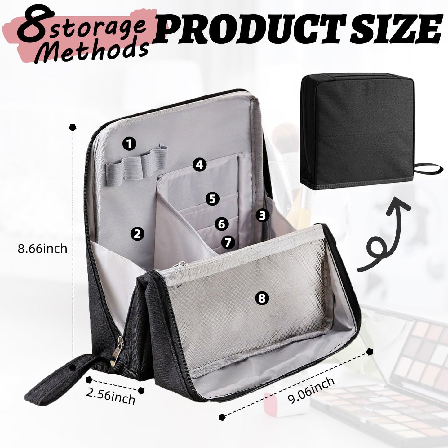 LFZHAN Standing Makeup Bag Organizer with 6 Brush Guards, Portable Makeup Organizer Bag for Travel, Stand Up Cosmetic Case with Brush Protectors (Black)