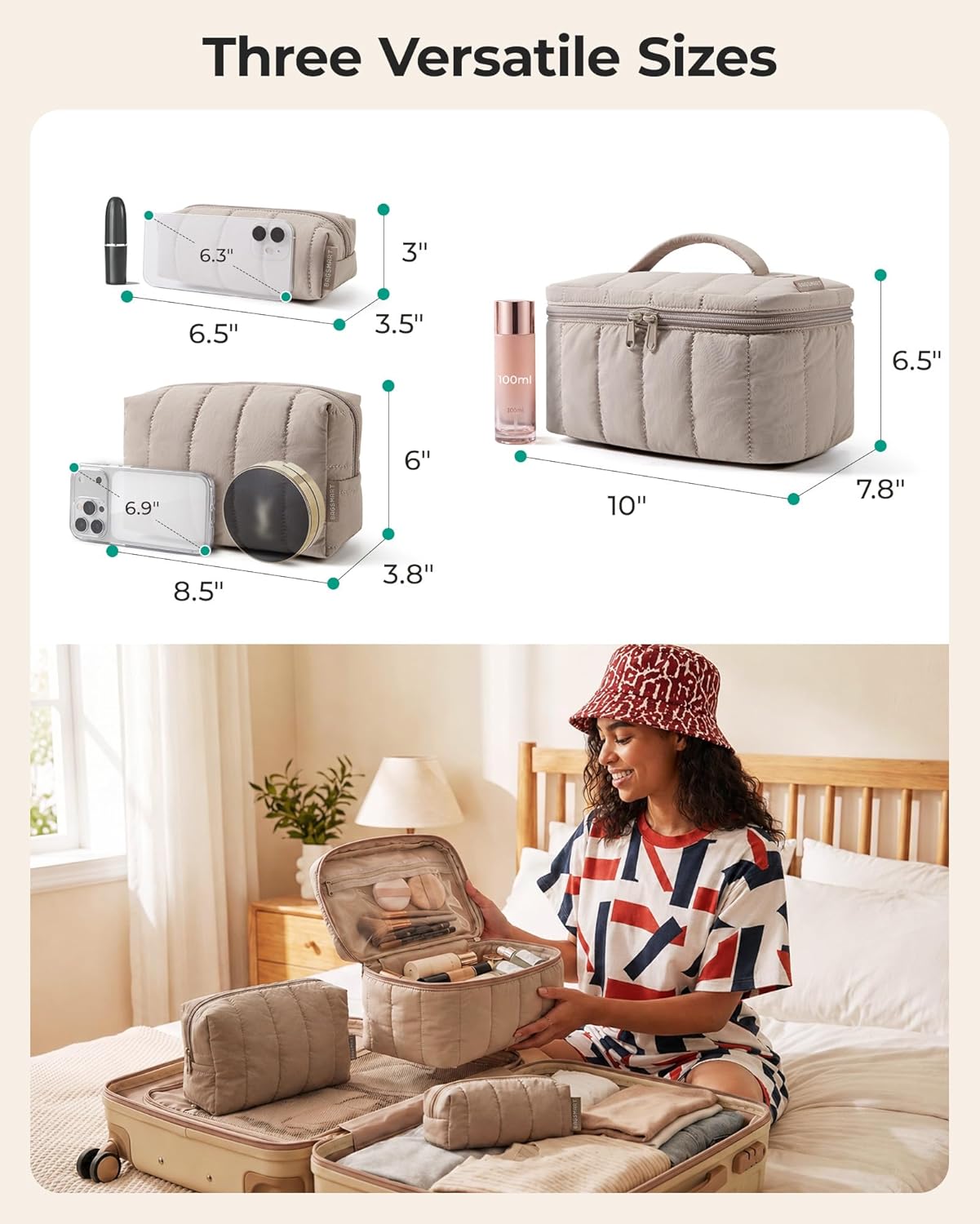 Travel Makeup Bag for Women - 3 Pcs Puffy Padded Cosmetic Organizer | Large Toiletry Case & Small Purse Pouch (Black)