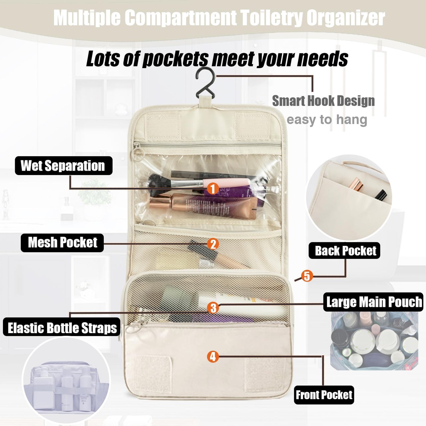 L&FY Hanging Travel Toiletry Bag Women's Cosmetic Organizer Makeup Case Pouch Men's Shaving Kits With Handle (Beige)
