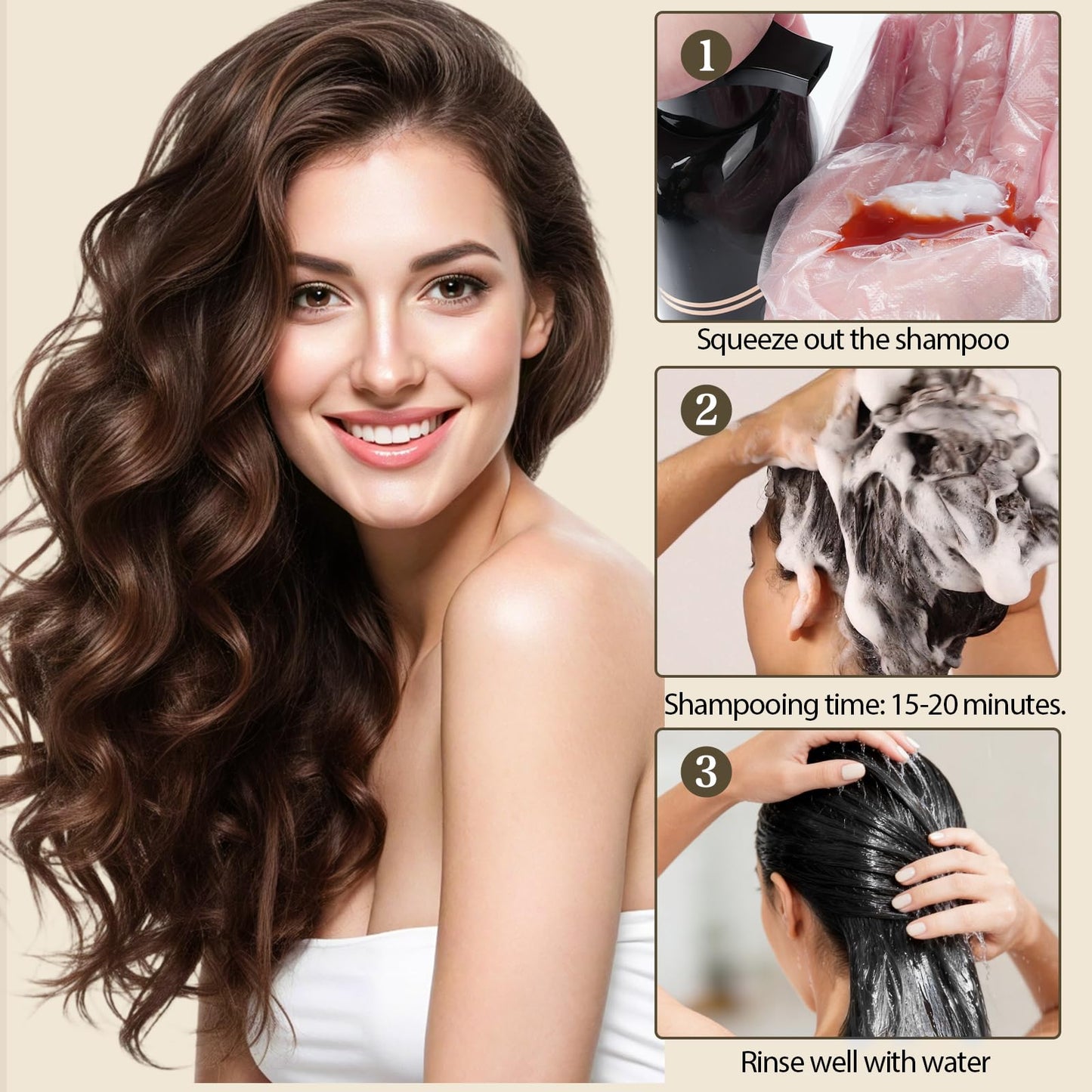GRYFOX Brown Hair Dye Shampoo for Gray Coverage, 3 in 1 Hair Color Shampoo for Women and Men,Semi-Permanent Color with Natural Herbal Ingredients