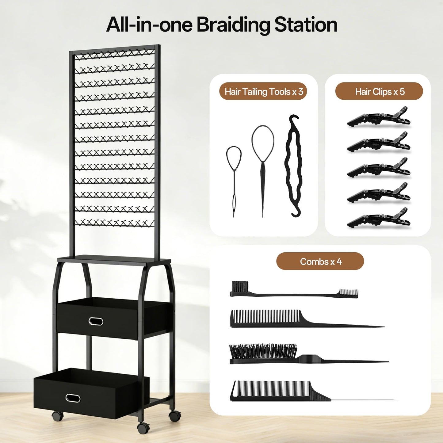 Portable Braiding Hair Rack with Wheels & Storage Drawers,2-Sided 288 Pegs,Hair Extension Holder Hanger for Braiding Hair Separator Stand Display,Hair Rack with Stylist Hair braiding Tools (Black)