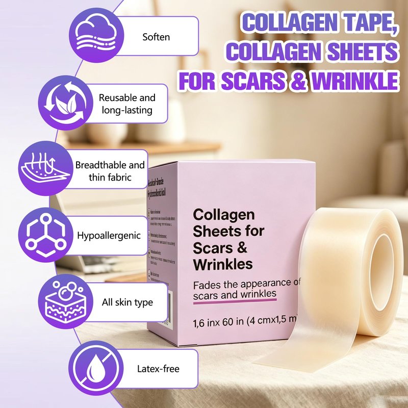 Silicone Collagen Scar Tape, Collagen Sheets for Scars & Wrinkle, Silicone Scar Removal Strips for Various Different Scars and Wrinkles, Old & New Scars for All Ages (1.6In * 60In)