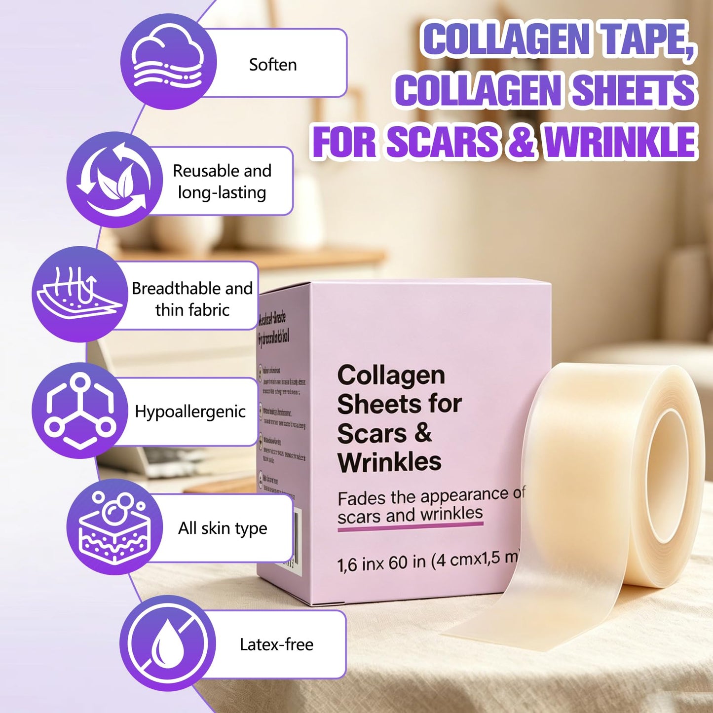 Silicone Collagen Scar Tape, Collagen Sheets for Scars & Wrinkle, Silicone Scar Removal Strips for Various Different Scars and Wrinkles, Old & New Scars for All Ages (1.6In * 60In)