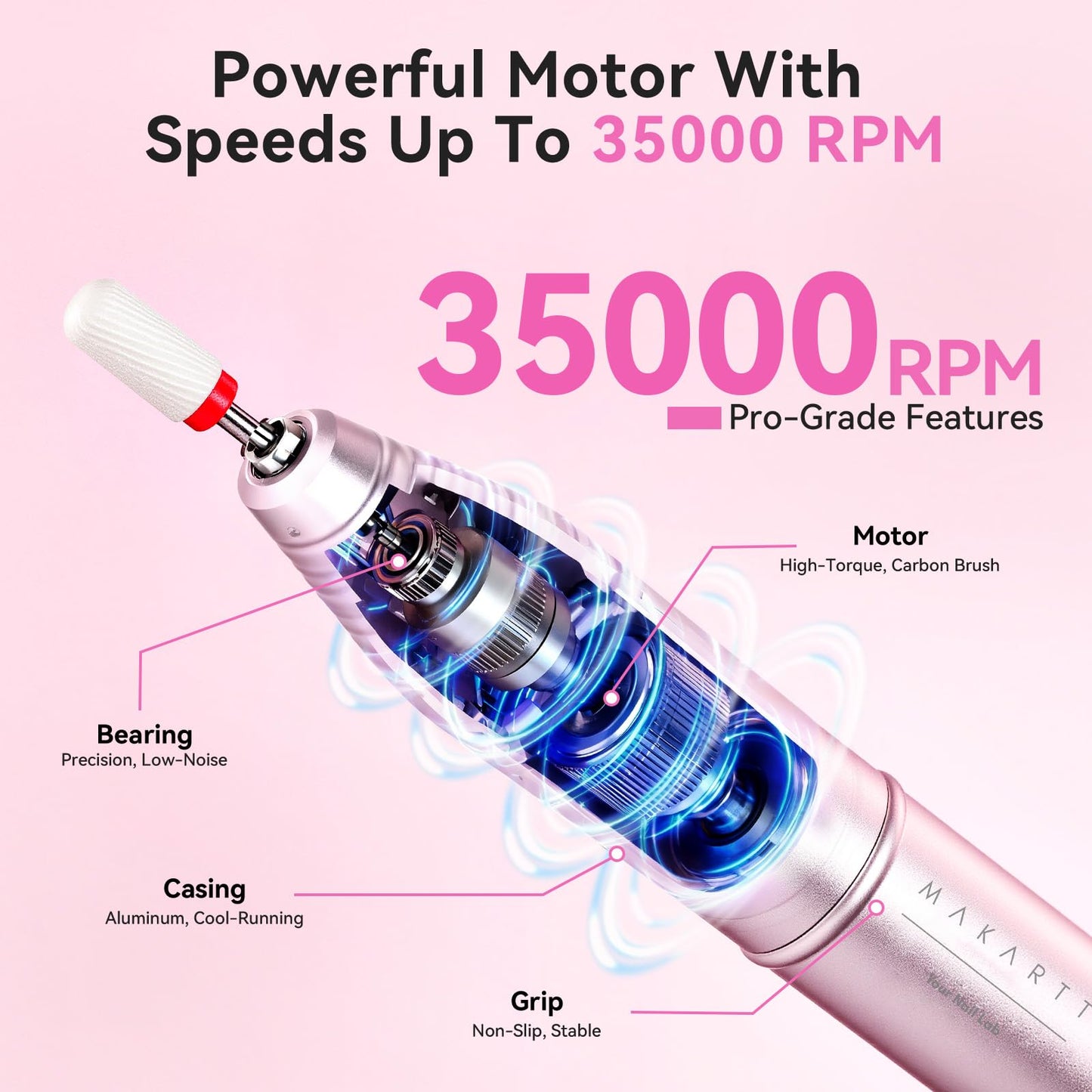 Makartt Electric Nail Drill: Rechargeable 35000 RPM Professional Efile, Cordless Nail Drill Machine Kit & Nail Machine for Acrylic Dip Powder Gel Polish,Quiet Lightweight Portable Tool for Salon Home
