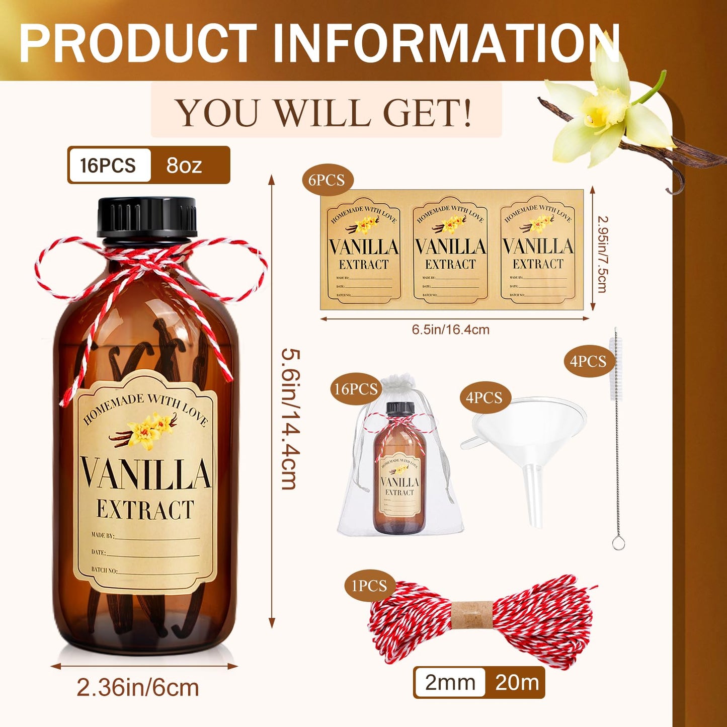 BHHQHH 16Pcs 8 oz Amber Glass Bottle Boston Round Bottles for Vanilla Extract Homemade,Brown Vanilla Extract Bottles with Caps for Syrup Gift Glass Food Storage Canister and Sauce Beans