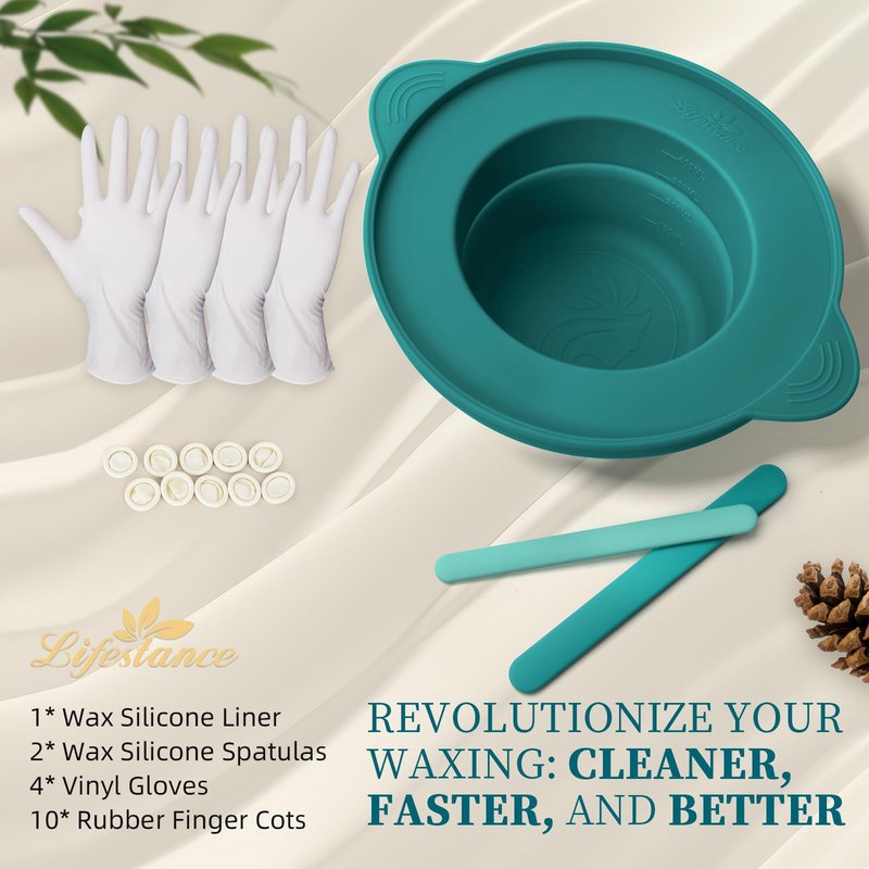 Lifestance Removable Silicone Wax Pot Liner with 2 Spatulas for 16oz Waxing Kit, Total 17 Items, Anti-Scalding Foldable Silicone Wax Warmer Bowl & Reusable Sticks, Easy to Clean