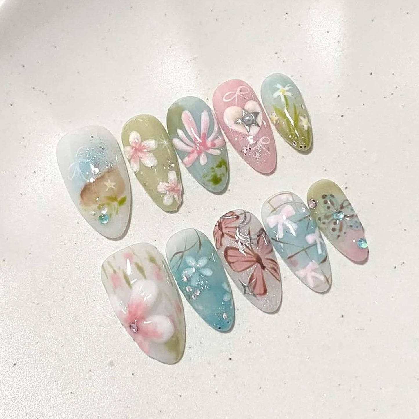 Press-On Nails - 24Pcs Medium Almond Beach Flower Design | Full Cover Acrylic with Shell & Starfish Rhinestones