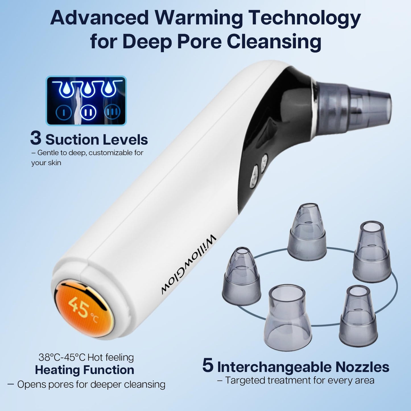 WillowGlow Heated Pore Vacuum, Blackhead Remover with Strong 3-Level Suction, 5 Nozzles for Deep Cleaning Face, Nose & Sensitive Skin, Professional Pore Extractor & Facial Kit