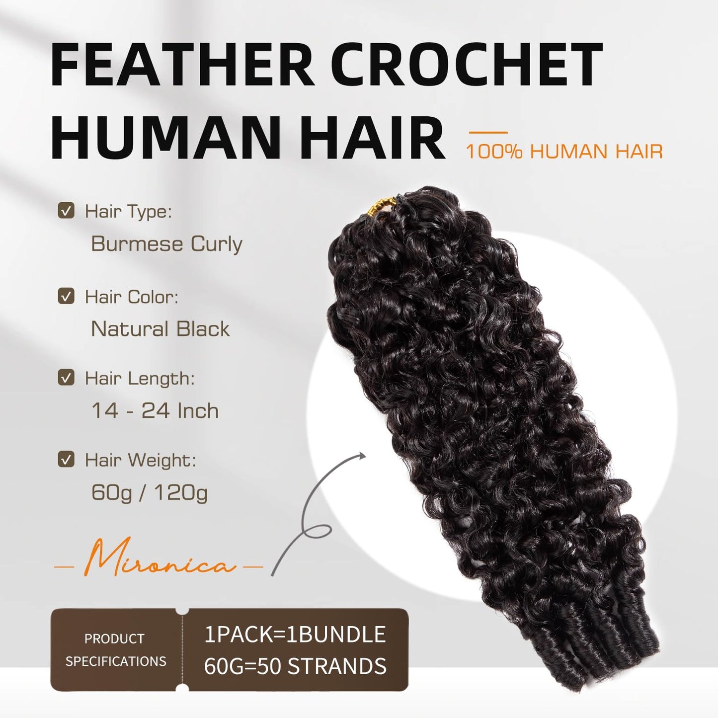 Burmese Curly Human Hair Crochet Bundles 18 Inch 60g Knotless Pre-Separated Feather Crochet Human Hair 3c4a Water Curly Hair Reusable Hair Extensions for Women Natural Black Color (1B-60G, 18 Inch)
