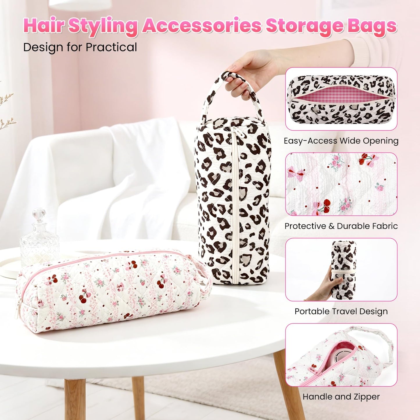 Hair Tools Travel Bag, 2Pcs Quilted Protable Hair Dryer Bag Hair Styling Accessories Organizer Bag for Curling Irons, Flat Irons and Styling Tools (Leopard Print+Cherry)