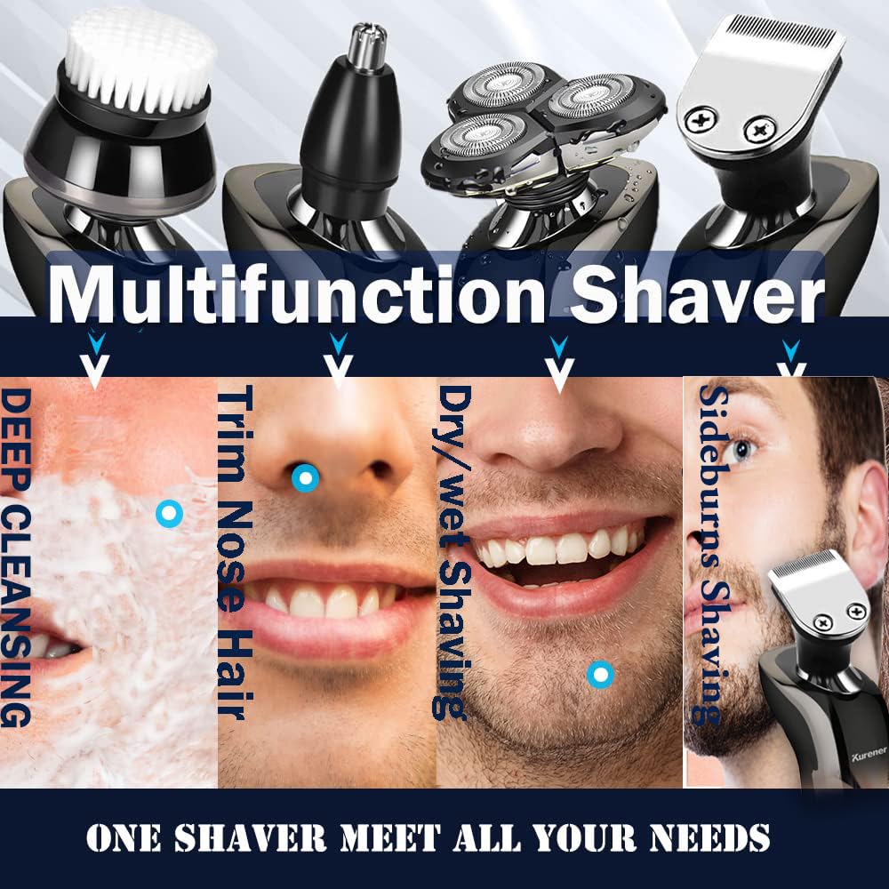Electric Shaver Razor for Men - Rechargeable & 100% Waterproof Rotary Shaving with Nose & Sideburn Trimmers | Face Cleaning Brush