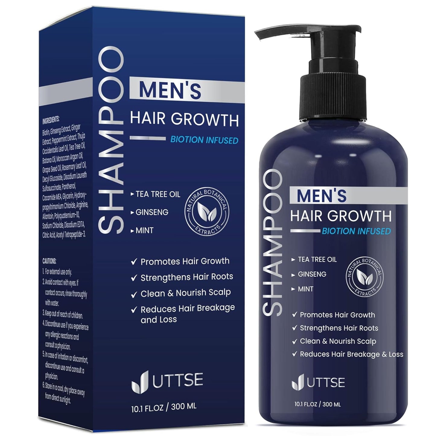 Biotin Hair Growth Shampoo for Men - Natural Thickening with Tea Tree Oil & Ginseng | 10.1 fl. oz, Dark Blue