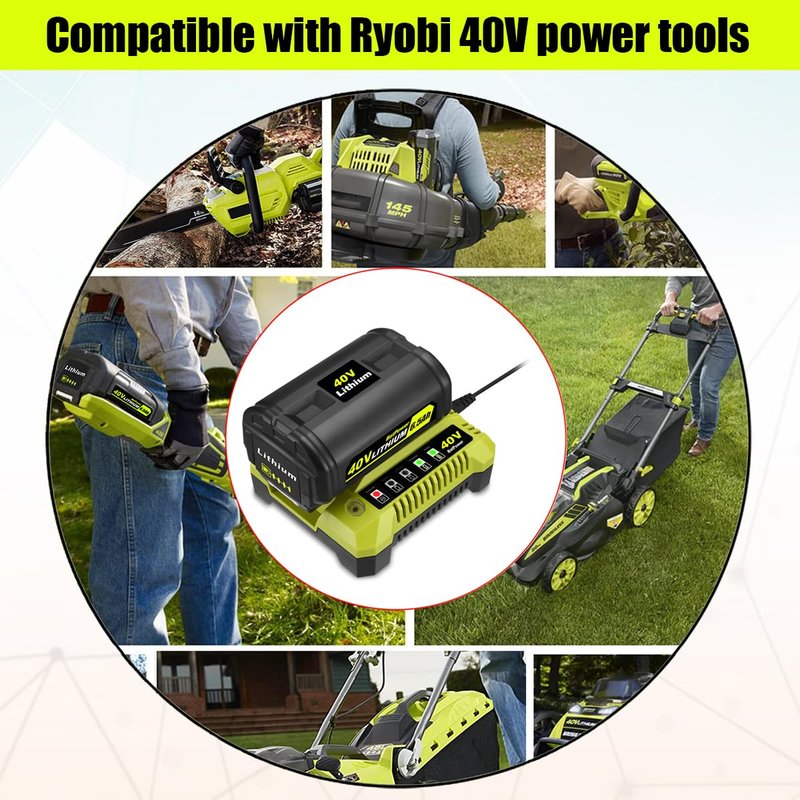 BatPower 6.5Ah 40V Battery & Charger Combo Compatible with Ryobi 40 Volt Lithium Cordless Outdoor Tools, High Output Replacement Battery Pack and Charger Set for 40V Mowers and Blowers (2-Piece Set)