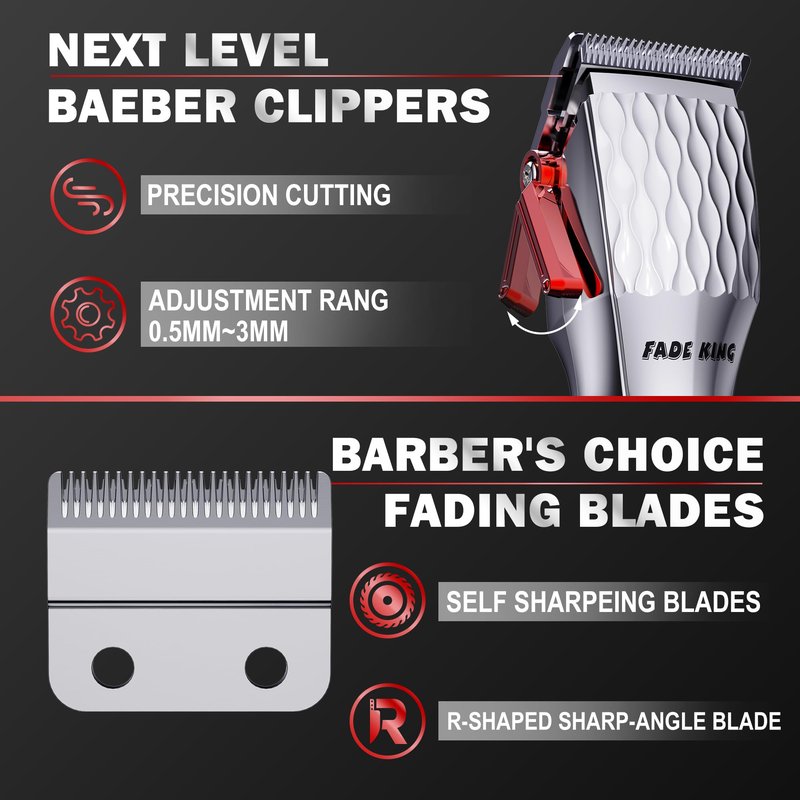 FADEKING Professional Hair Clippers for Men, Cordless Barber Clippers with LED Display, Rechargeable Hair Cutting Kit for Fade & Taper, Fathers Day Gift for Dad Men Husband (Silver+red)