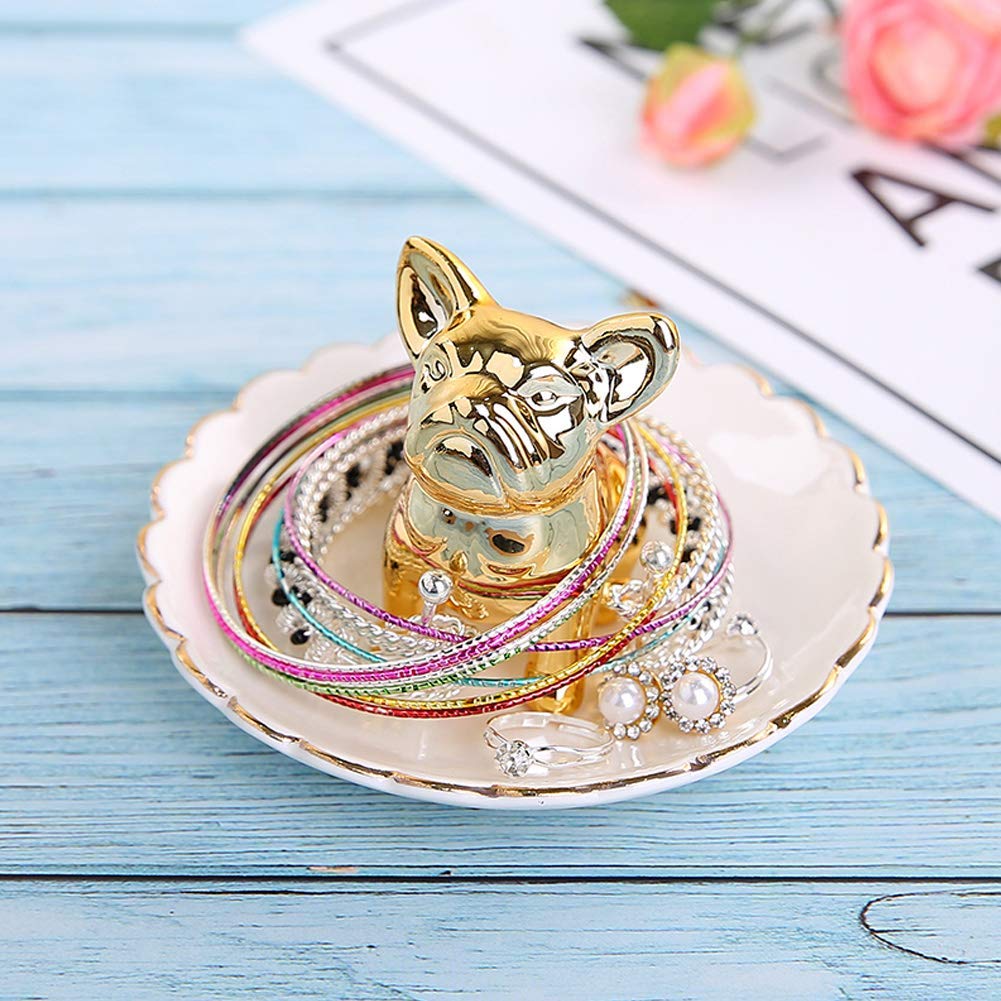 Lependor Dog Ceramic Jewelry Tray Ring Holder Trinket Dish Necklace Earrings Rings Jewelry Organizer Display Jewelry Trinket Holder Home Decoration - Gold Bulldog
