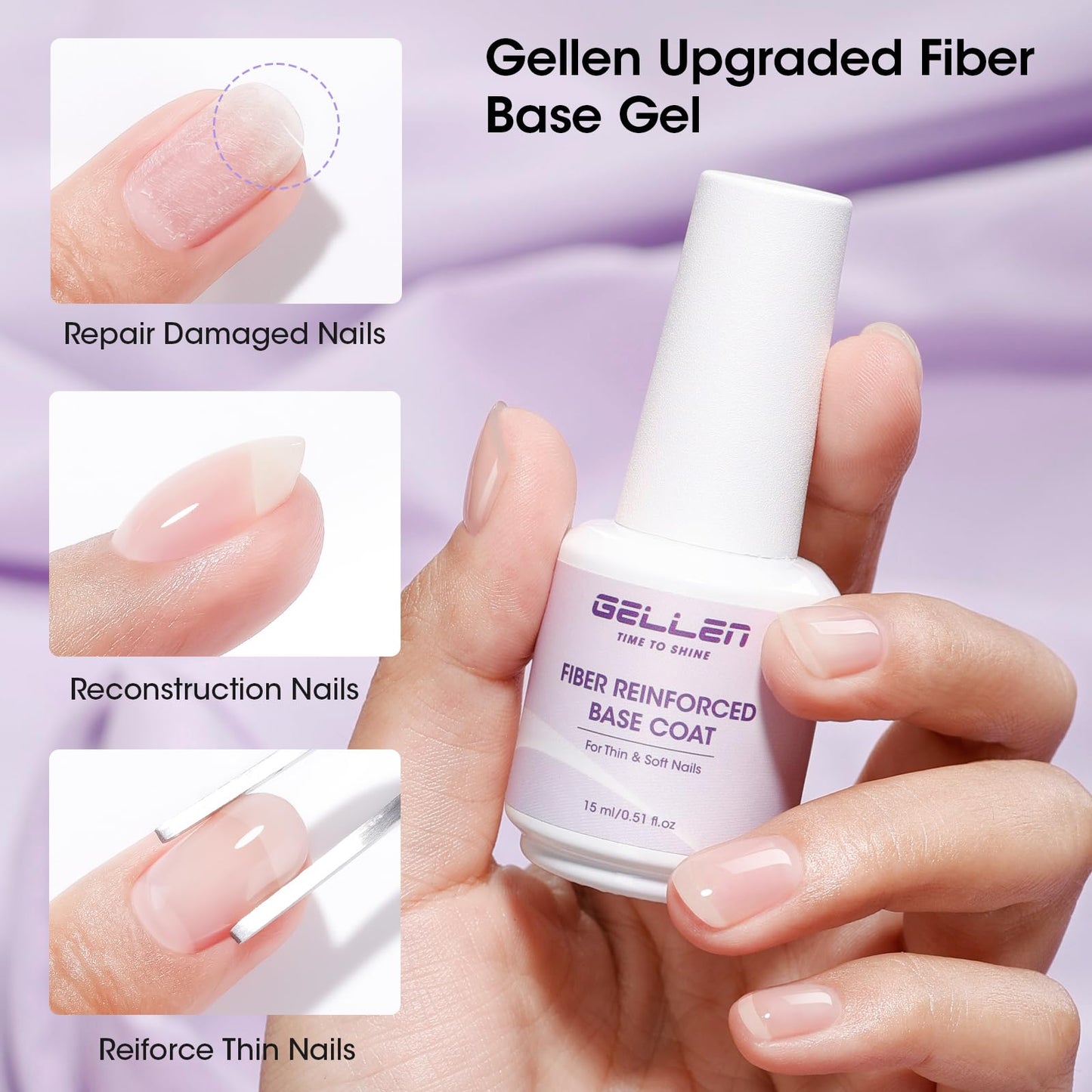 GELLEN Gel Base Coat Nail Polish- 15ml No Wipe Base Coat Gel Polish，Fiber Glass Nail Strengthener for Repair Broken Damaged Thin Weak Nails