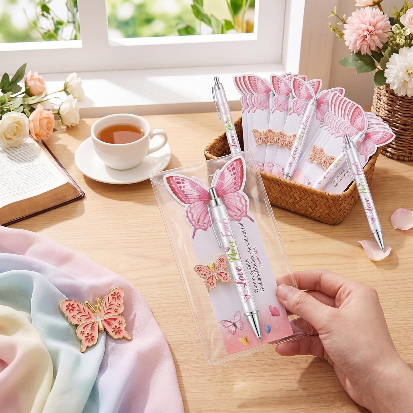 Christian Gifts for Women of Faith - 25 Set with Butterfly Pins, Pens, Cards & Bags | Bible Verse Party Favors