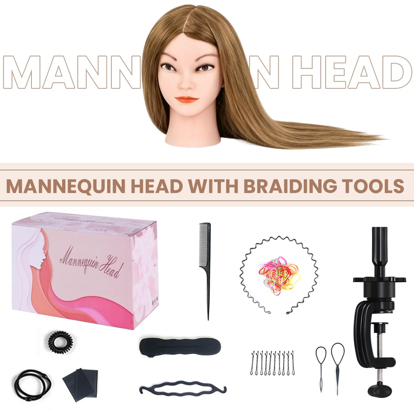 Mannequin Head with 100% Real Human Hair, Beauty Star 18" Gold Brown Hair Art Manikin Cosmetology Head, Doll Manican Head to Practice Hair Styles, Hairdressing Training Head and Stlyist Suppliew