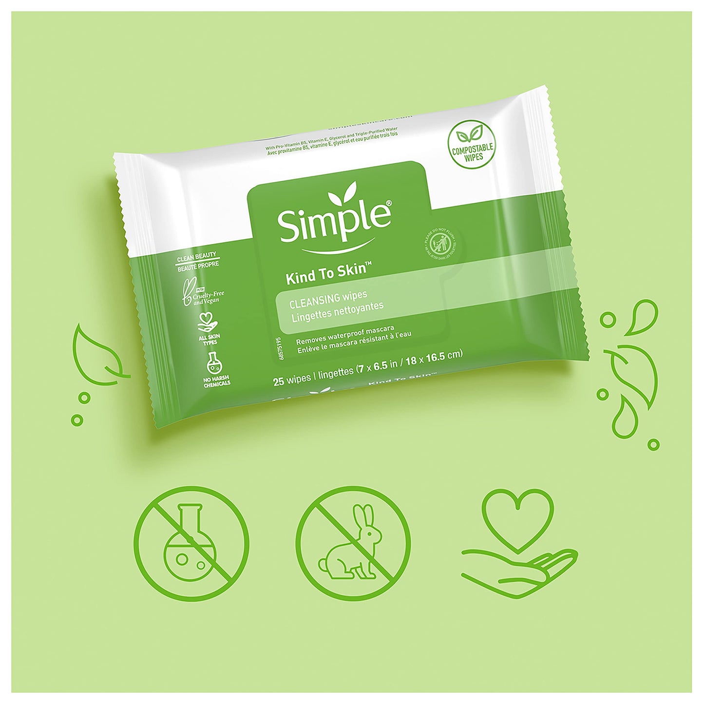 Simple Kind to Skin Facial Wipes Gentle and Effective Makeup Remover Cleansing Free from color and dye, artificial perfume and harsh chemicals 25 Wipes