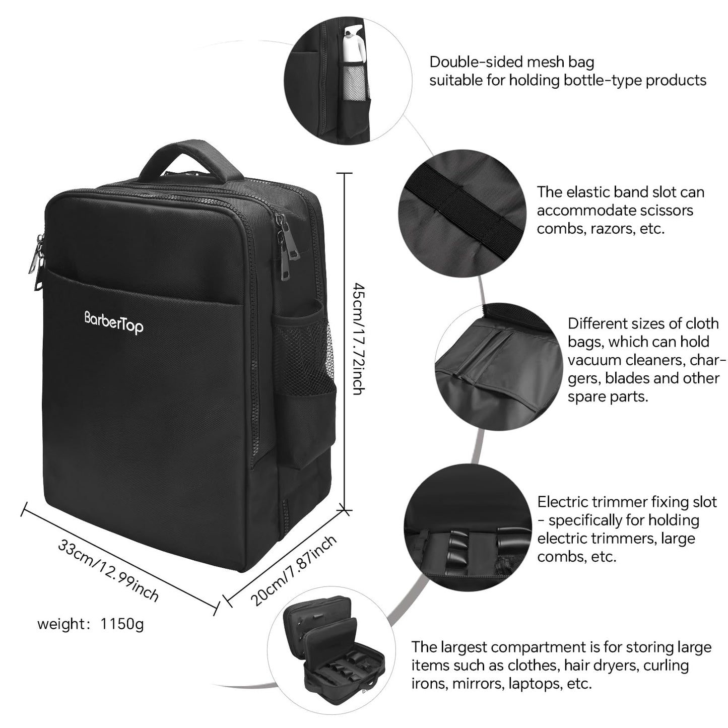 Barber Backpack for Clippers and Supplies, 17.7"x7.9"x13" Large Capacity Four-Layer Hairstylist Backpack, with General-purpose Barber Apron Cape Brush, Barber Bag for Barbershop Salon Home Use