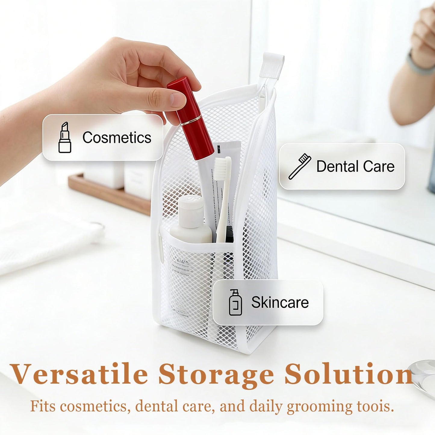 Standing Toiletry Bag, Upgrade Hanging Travel Toiletry Bag, Foldable Clear Cosmetic Organiser, Portable Lightweight Water Resistant Toiletries Storage Bag(White)
