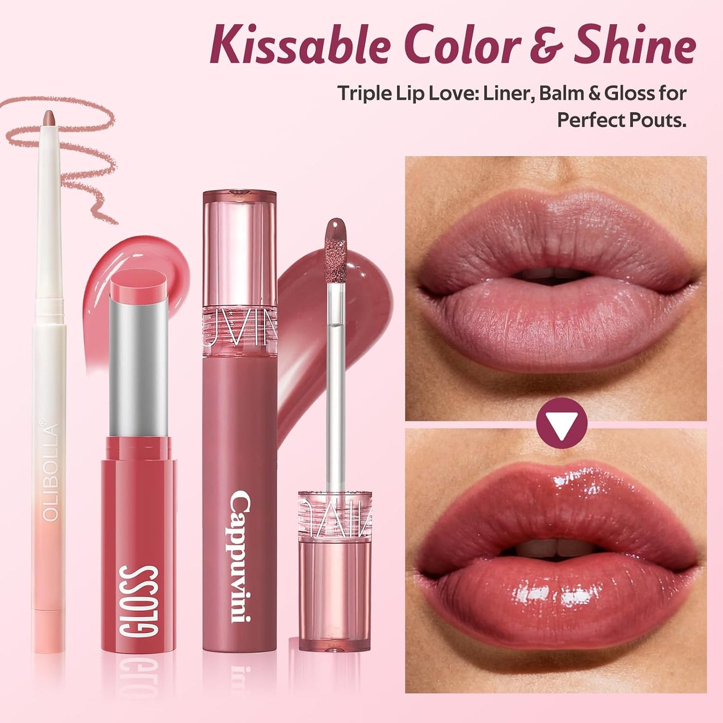 Korean Lip Plumping Kit - 3-Step Waterproof Lip Makeup Set | Non-Sticky, Long-Lasting Satin Finish, Sweet Fig
