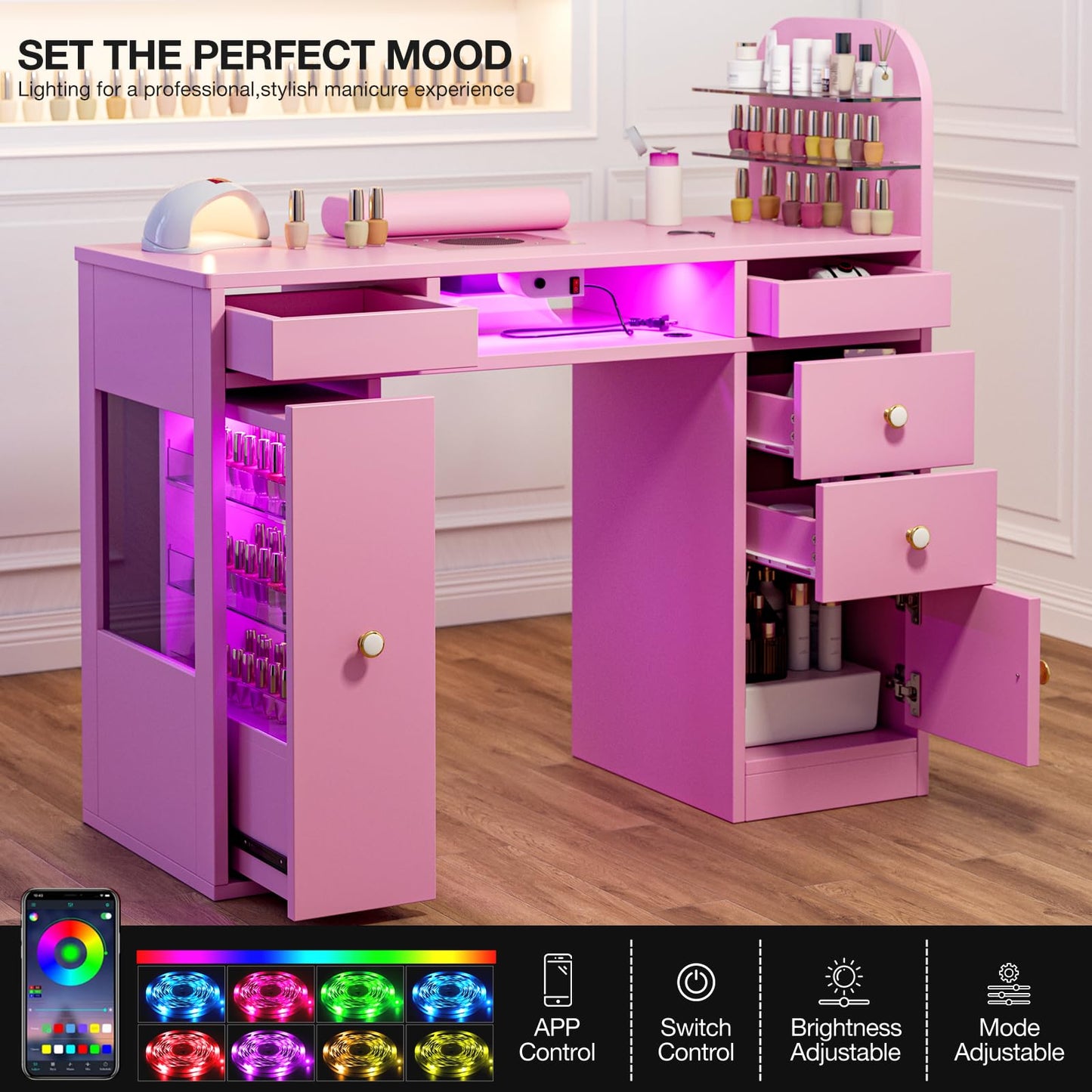 TTGIEET Manicure Table for Nail Tech w/LED Light Display Cabinet，Professional Nail Tech Desk with Storage Cabinet & Drawer, Dust Collector, Wrist Rest, Acetone-Resistant, for Beauty Salon, Spa & Home