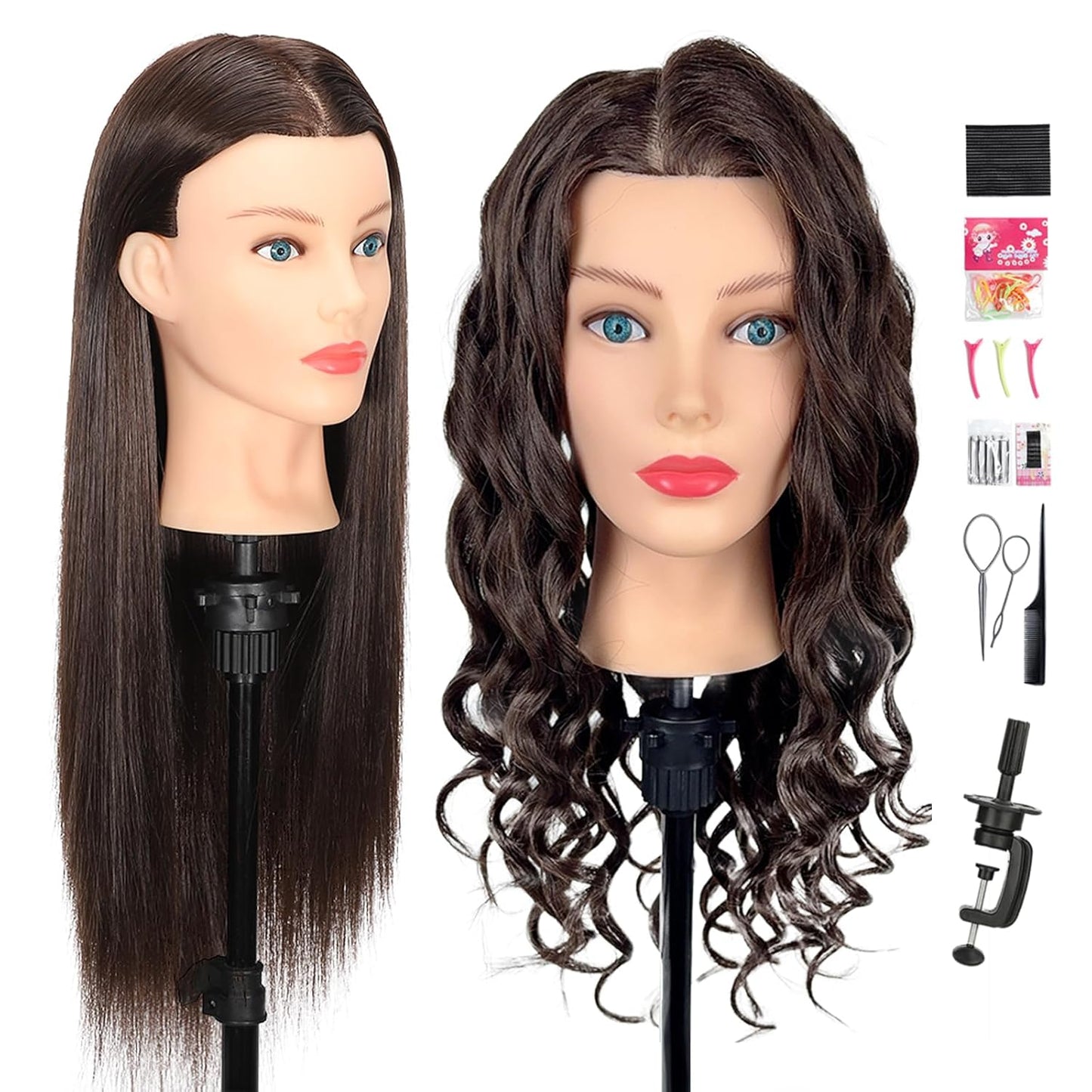 Human Hair Mannequin Head - 80% Real Hair Cosmetology Doll for Hairdresser Practice | Amber Brown with Tripod Stand & Clamp
