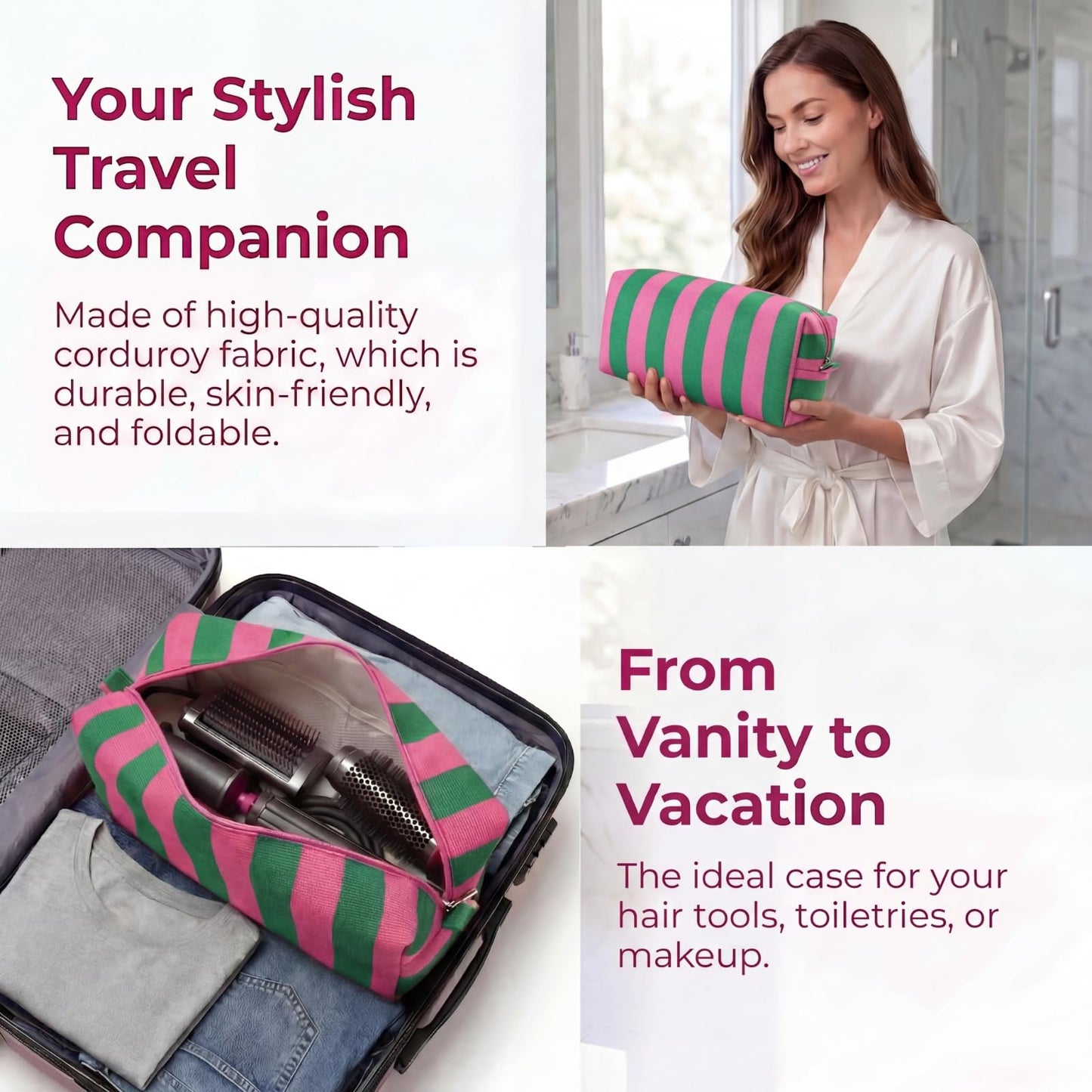 RSRSLEII Striped Hair Tools Travel Bag，Corduroy Hair Dryer Bag, Flat Iron Curling Iron Bag, Aesthetic Foldable Travel Organizer