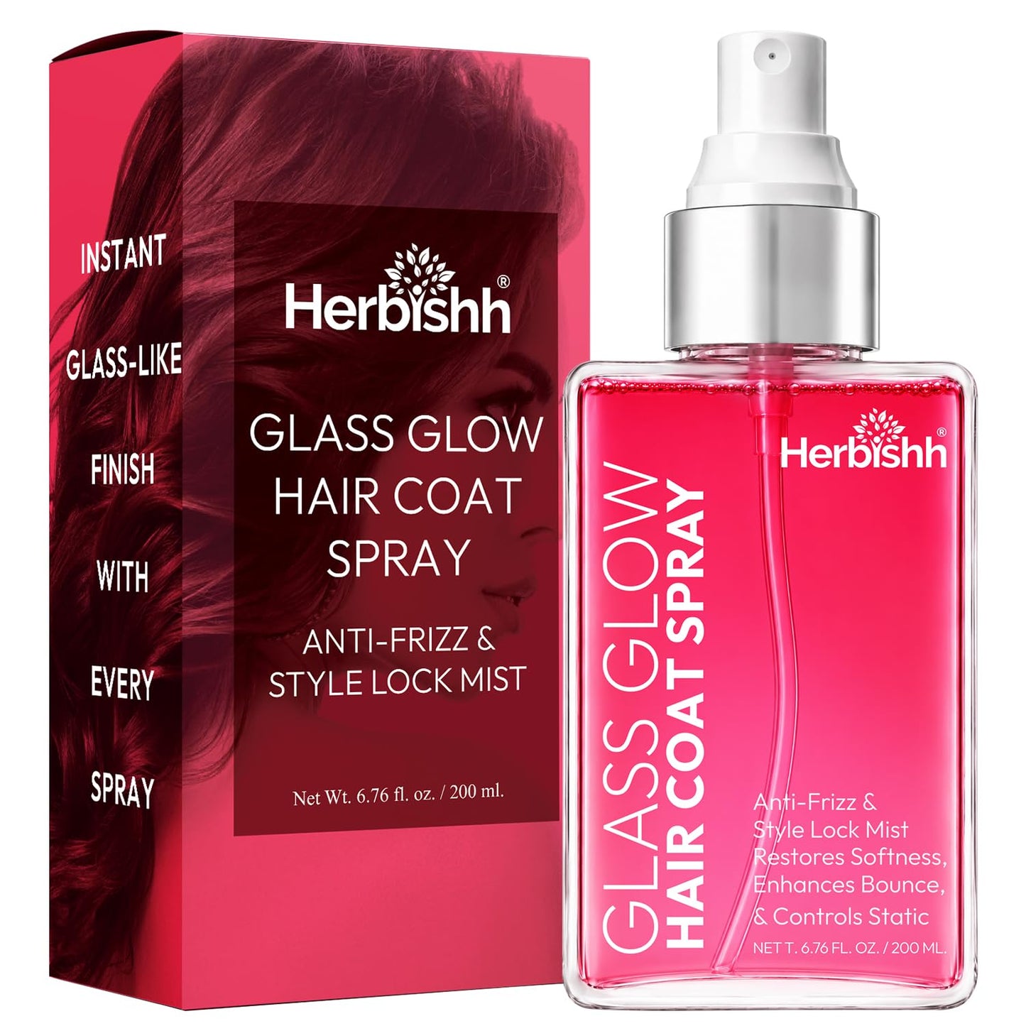 Herbishh Glass Glow Hair Coat Spray(6.76 fl oz)Anti Humidity & Heat Protectant Shine Coat for Frizz Control & Glossy Finish, Lightweight Texture Finishing Mist, Salon Quality Styling Spray Women & Men
