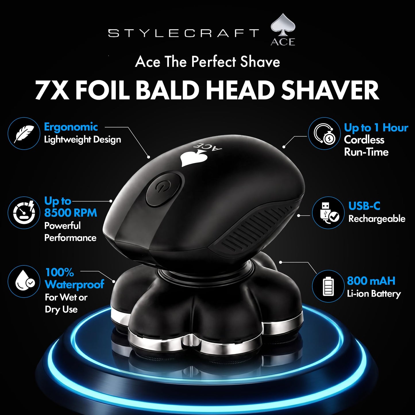 StyleCraft Ace 7X Rotary Bald Head Shavers for Men, Up To 8500 RPM Motor Cordless Electric Head Shaver & Razor with 7 Floating Flex Heads IPX7 Waterproof Wet & Dry Razor USB-C Rechargeable LCD Display
