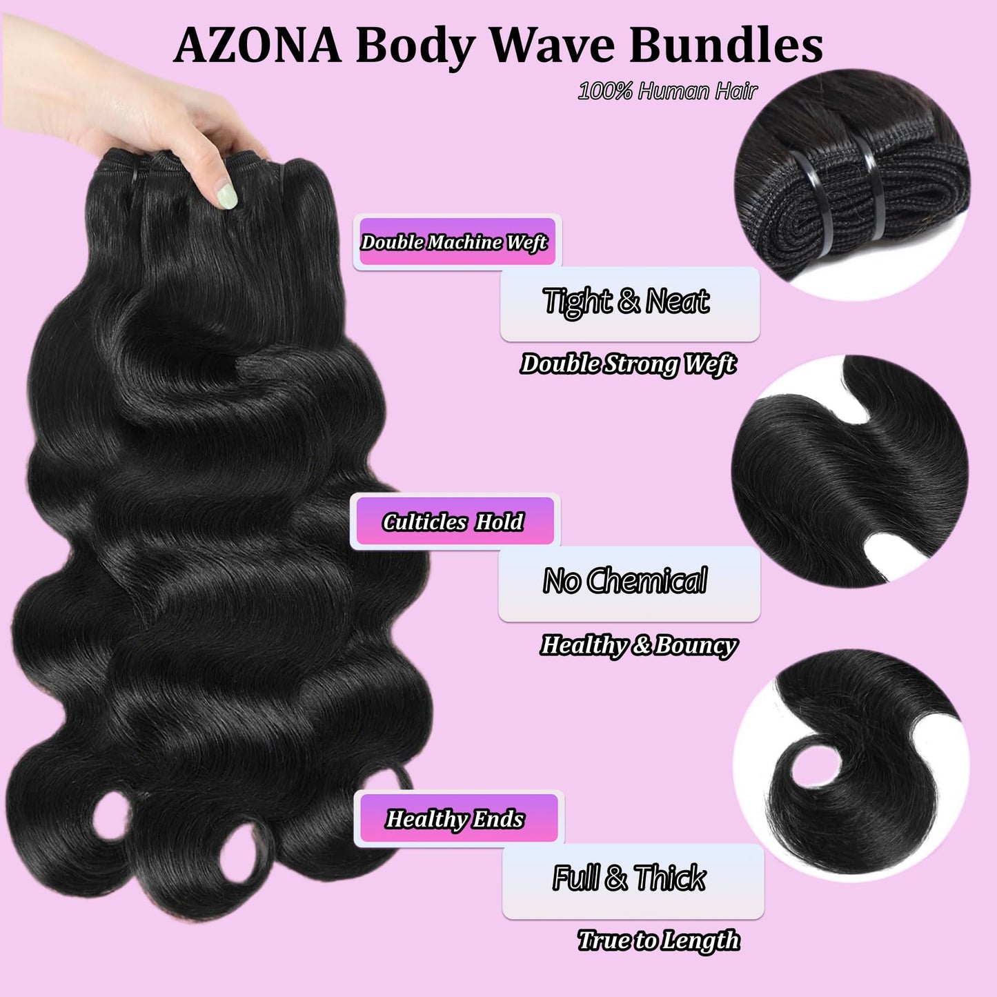 AZONA Body Wave Bundles Human Hair New 14 16 18 Inch Human Hair Bundle Unprocessed Brazilian Virgin Hair 3 Bundles Human Hair Extensions for Women Natural Color