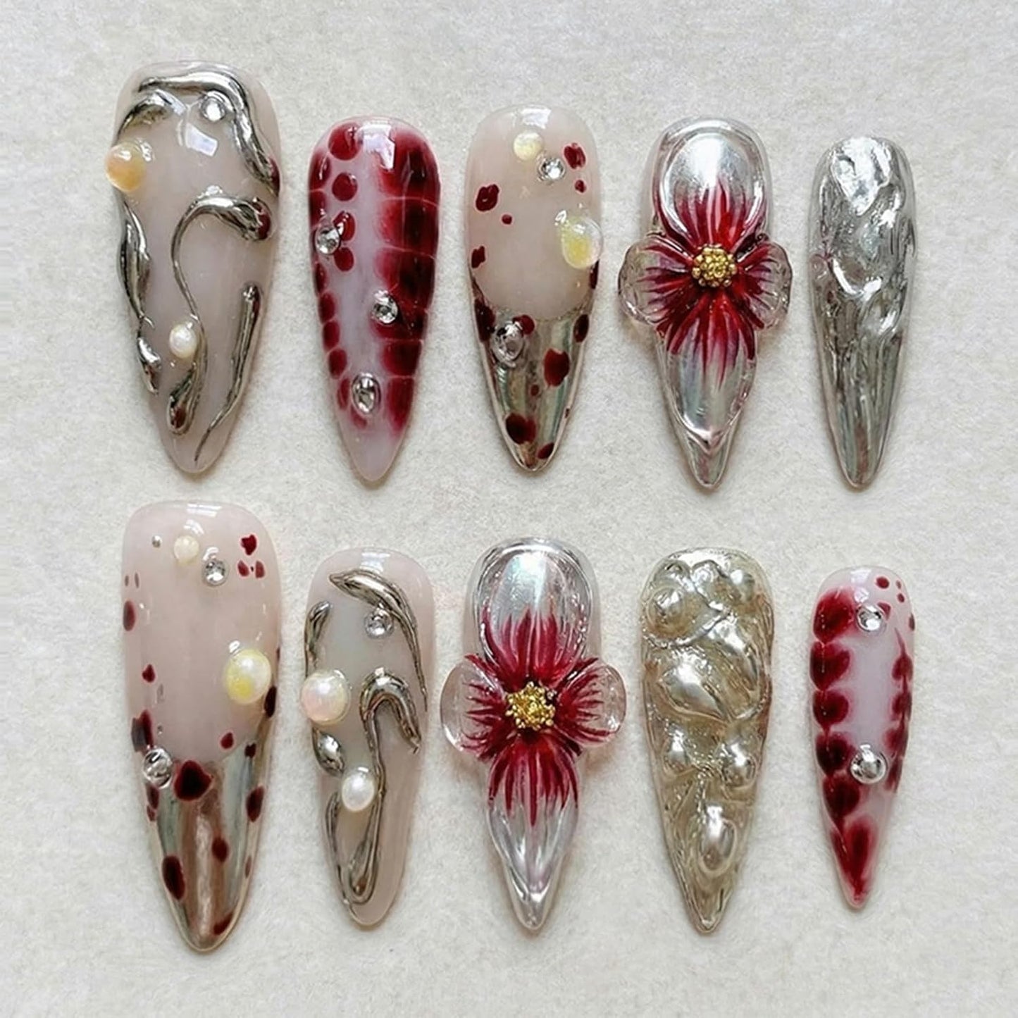 Almond Press-On Nails - White French Tip with 3D Gold Bow | Reusable Acrylic Full Cover, 24 Pcs