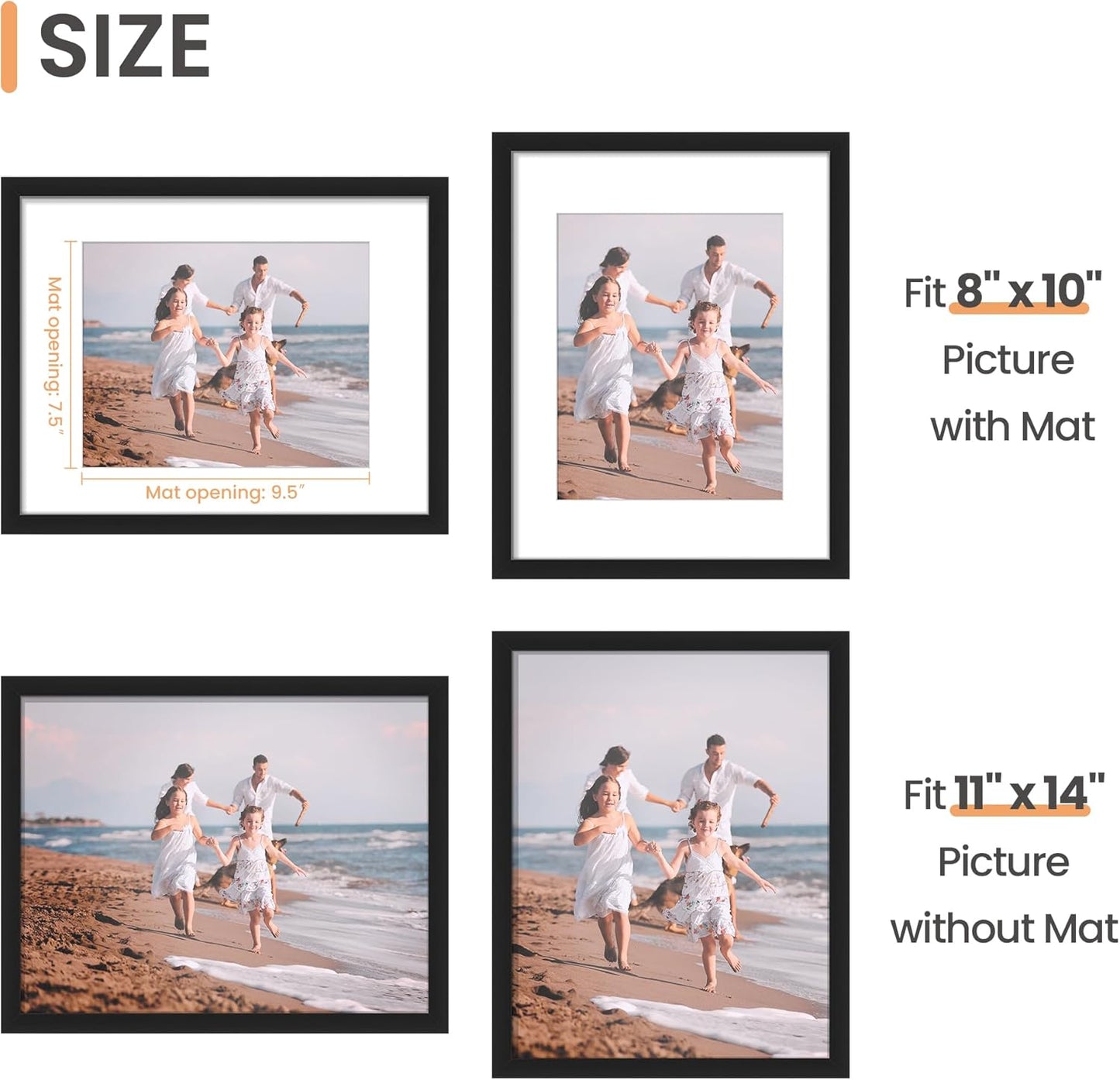 Upsimples 11x14 Picture Frame - Display 8x10 Photos with Mat or 11x14 Without Mat | Black Wall Hanging Frame