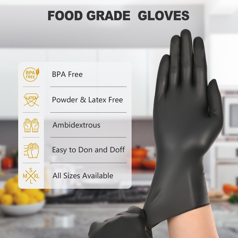 SWIFTLITE Black Vinyl Gloves, Food Grade Gloves Disposable Latex Free & Powder Free, Guantes for Cleaning Cooking Food Prep (100, Medium)