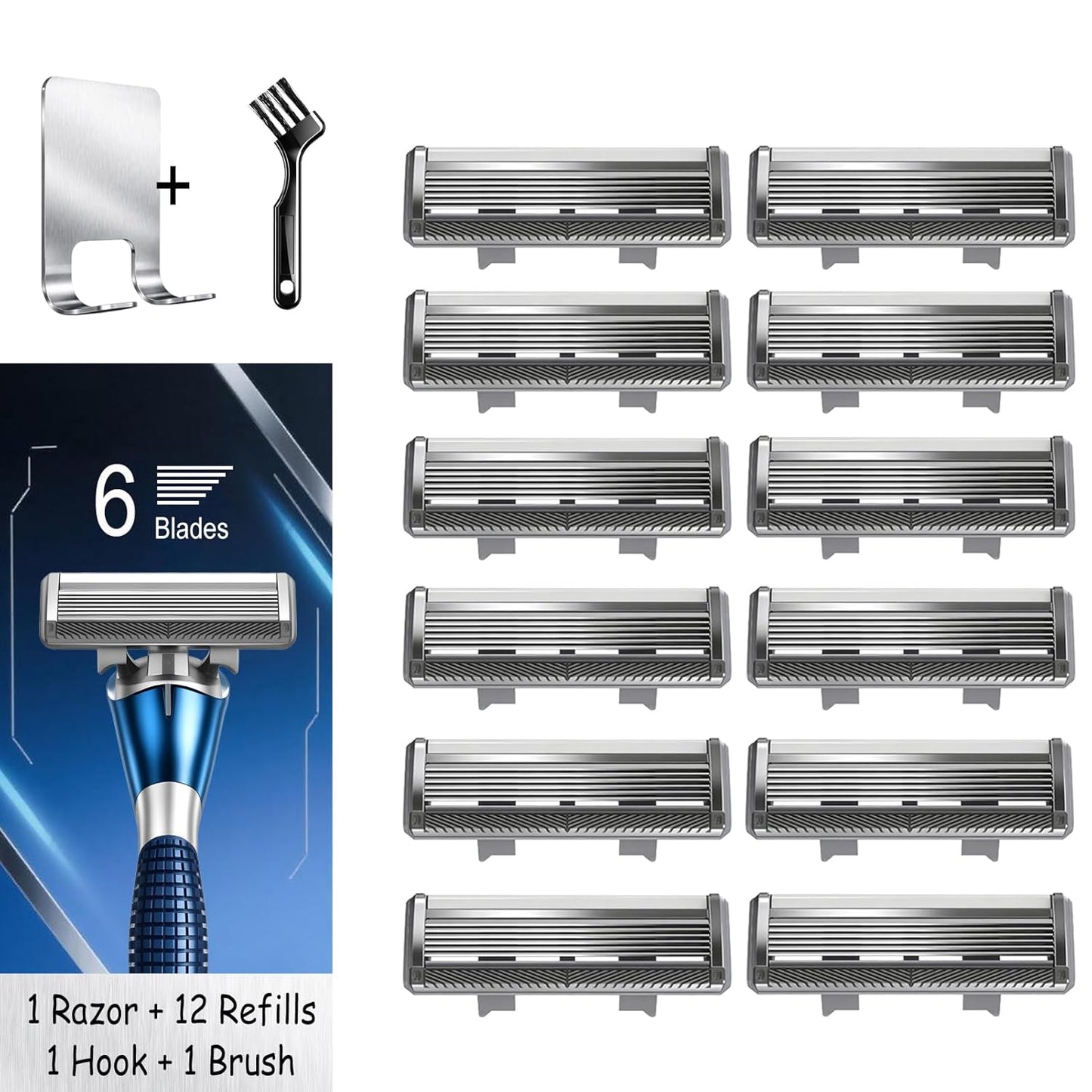 6-Blade Manual Razor for Men - Ergonomic Non-Slip Handle with 12 Blade Refills | Full Washable Design