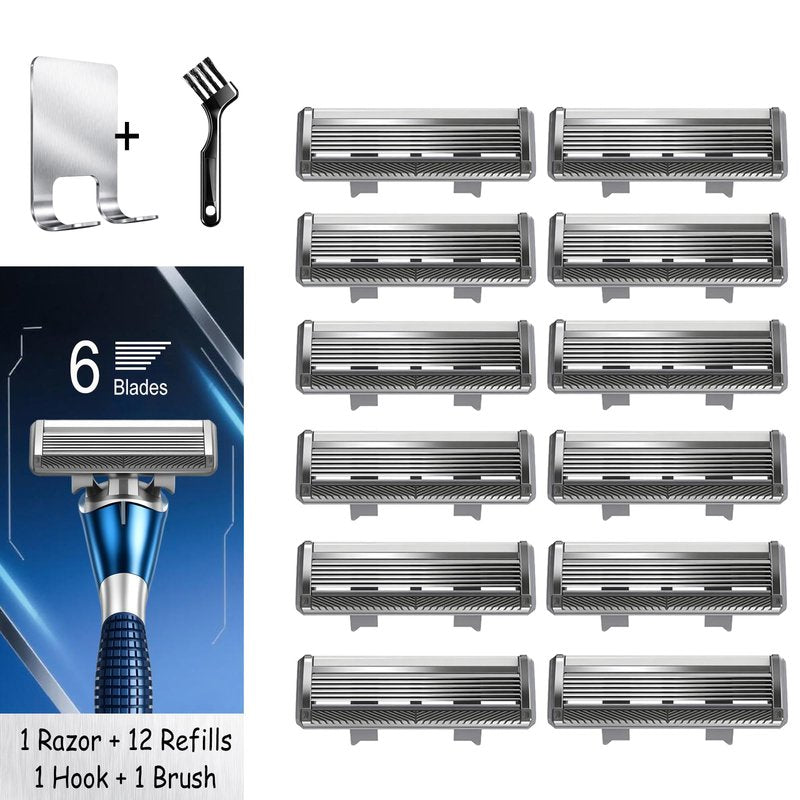 FYNEDGE 6-Blade Manual Razor for Men, 1 Ergonomic Non-Slip Handle Includes 12pack Razor Blade Refill Cartridges with Lubricating Strip, Hanging Hook & Cleaning Brush, Full Washable Design