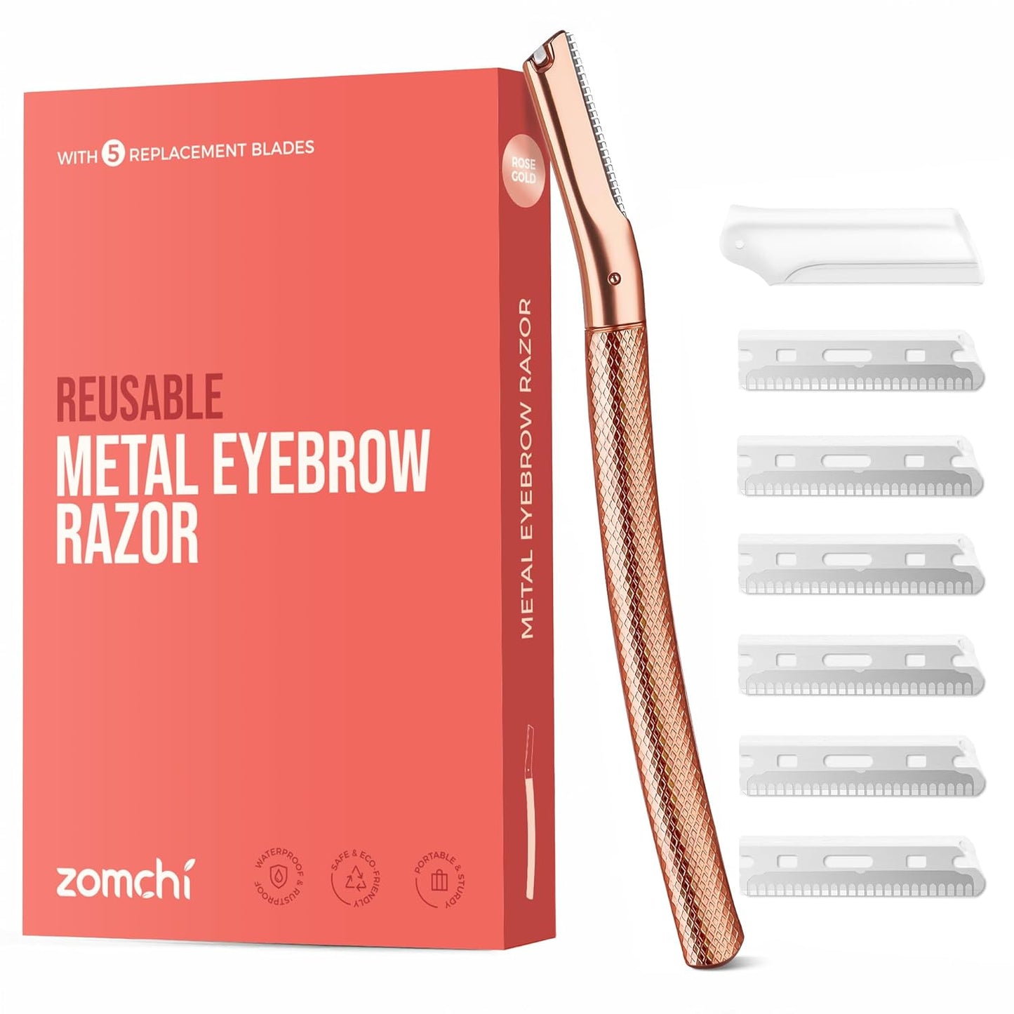 Eyebrow Razor - Precision Face Trimmer for Men & Women - Rose Gold | 6 Blades, Reusable Handle, Compact Design
