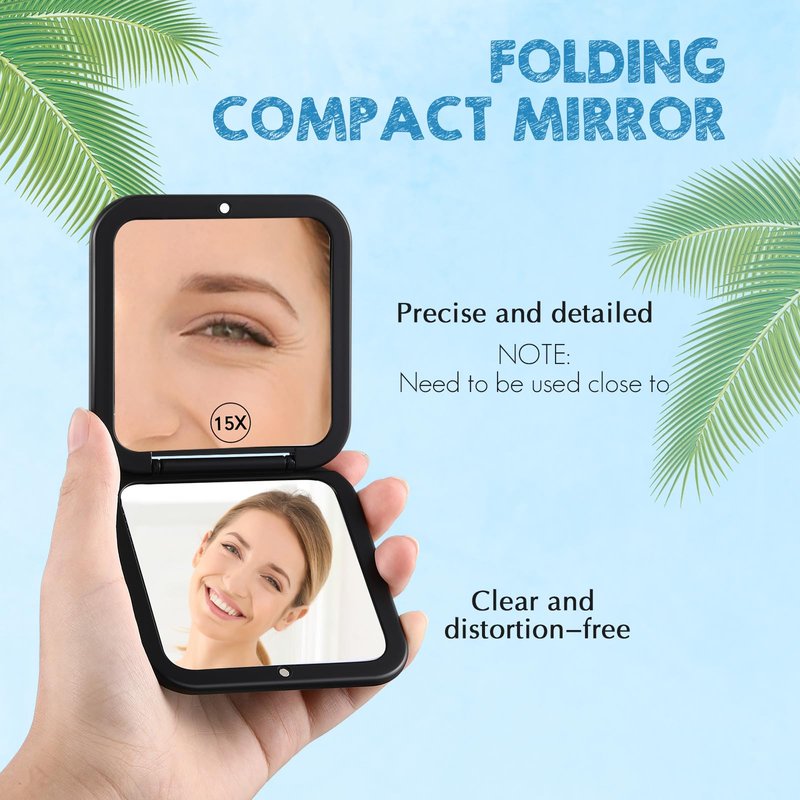 Geetery Travel Compact Magnifying Mirror with Tweezers, 1X/15X Magnification, 3.35'' x 3.35'' Pocket Size, Folding Makeup Mirror, Portable for Travel and Purses (Black)