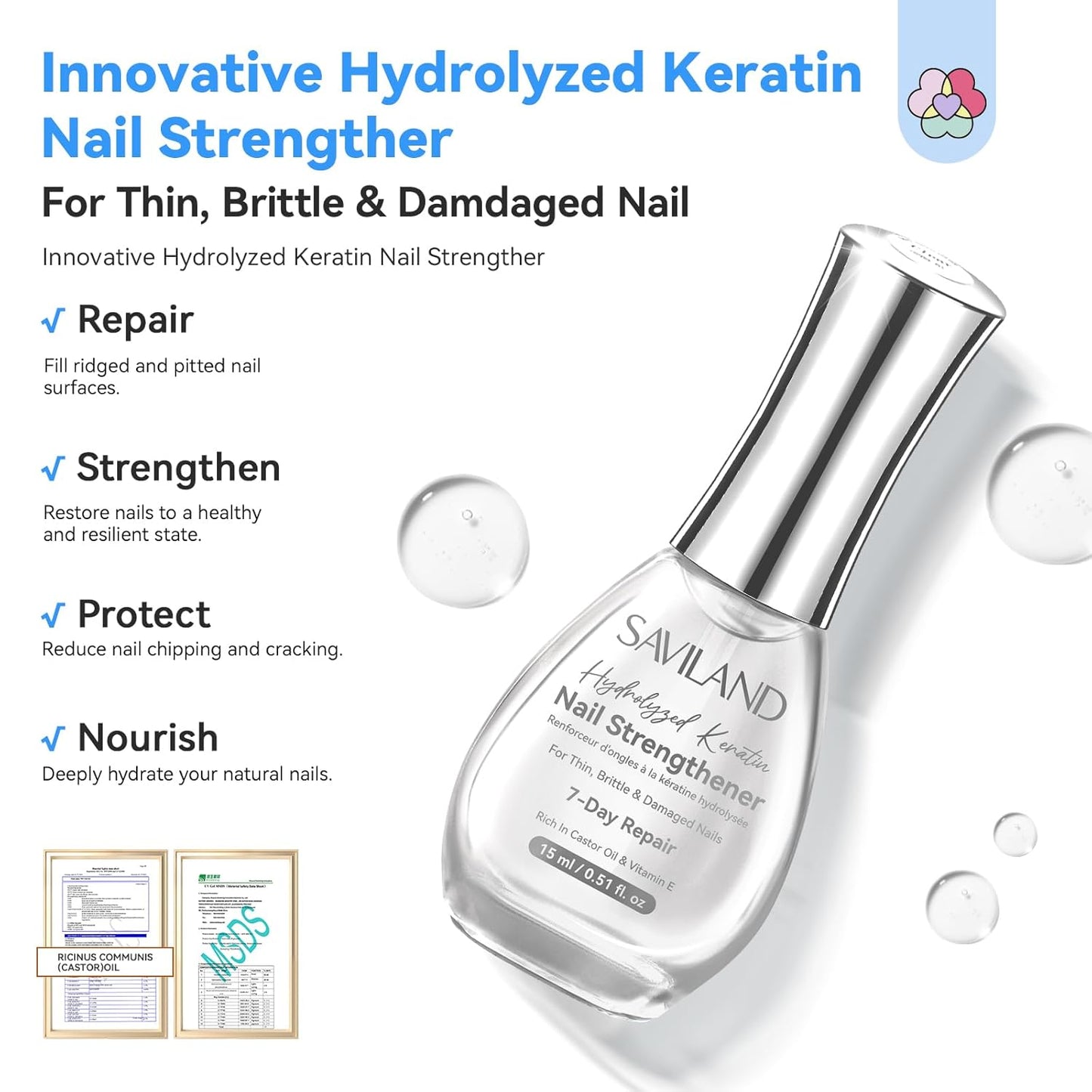 SAVILAND Clear Nail Strengthener - Fast-Drying Natural Growth Treatment | 15ml Castor Oil & Vitamin E for Weak Nails